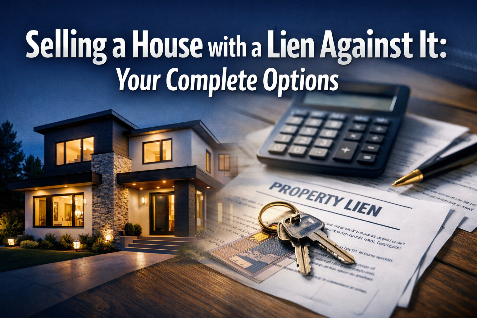 Professional landscape format (1536x1024) hero image featuring bold text overlay 'Selling a House with a Lien Against It: Your Complete Opti
