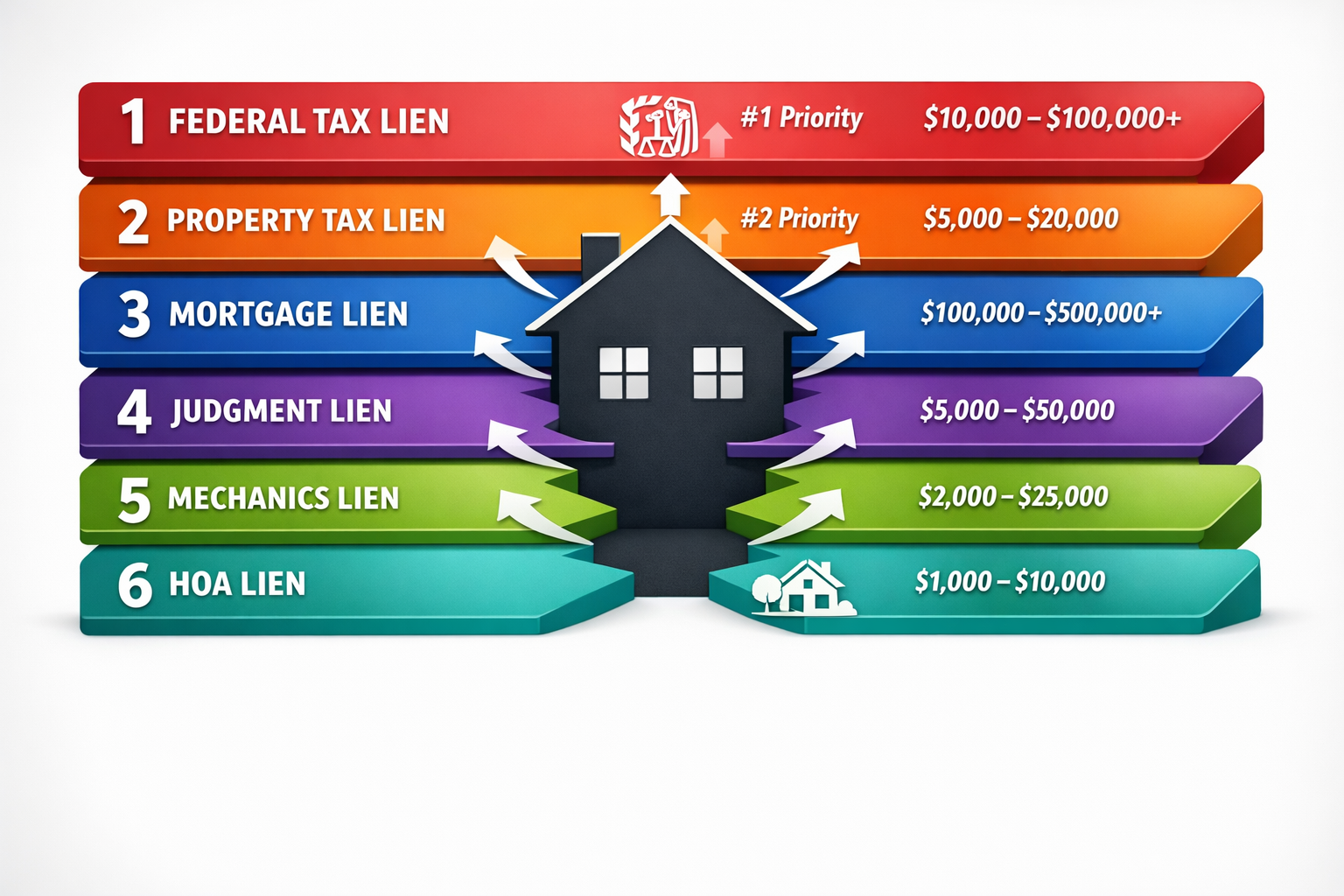 Landscape format (1536x1024) detailed infographic showing types of property liens as vertical stacked layers with distinct colors: federal t