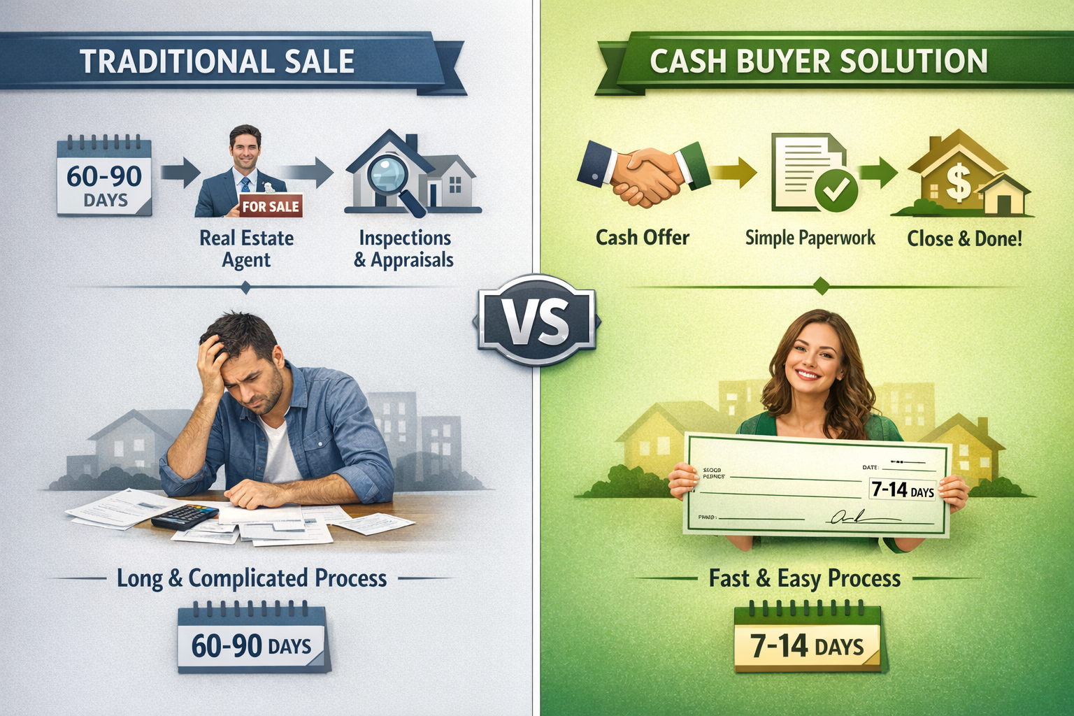 Landscape format (1536x1024) split-screen comparison visual showing two pathways for selling house with liens: Left side labeled 'Traditiona