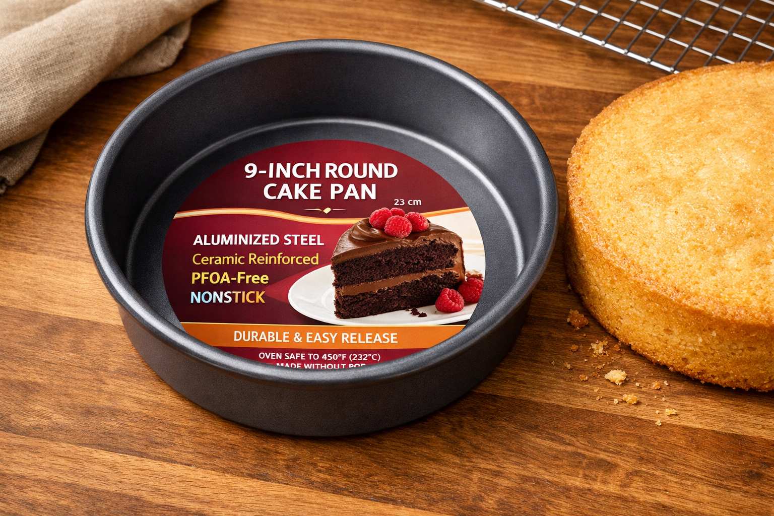 Close-up product shot of a 9-inch aluminized steel round cake pan with ceramic-reinforced PFOA-free nonstick coating, shown on a wooden baking surface with a freshly released golden layer cake beside it, pan label visible, studio lighting with soft shadows.
