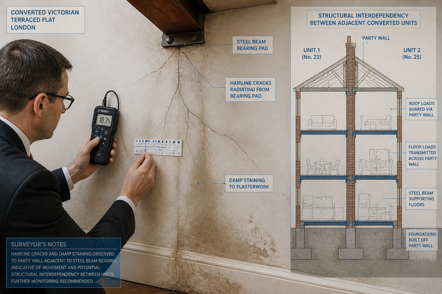 () detailed illustration showing a building surveyor in professional attire using a damp meter and crack gauge on a party