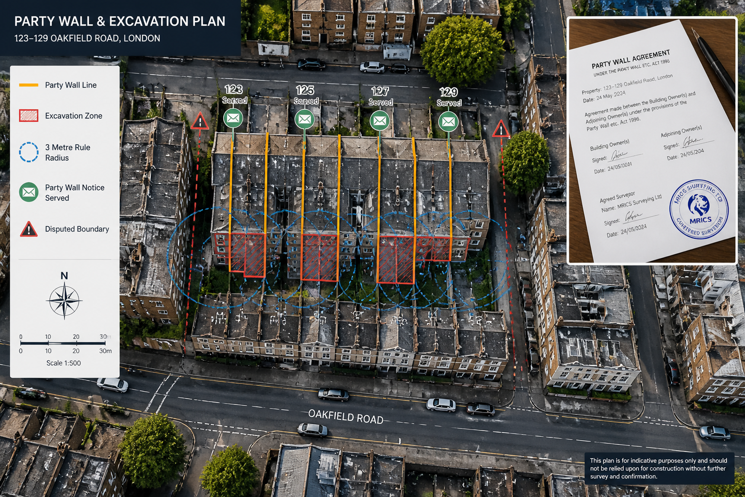 () overhead aerial-style technical diagram showing a dense urban block of converted terraced properties with party wall