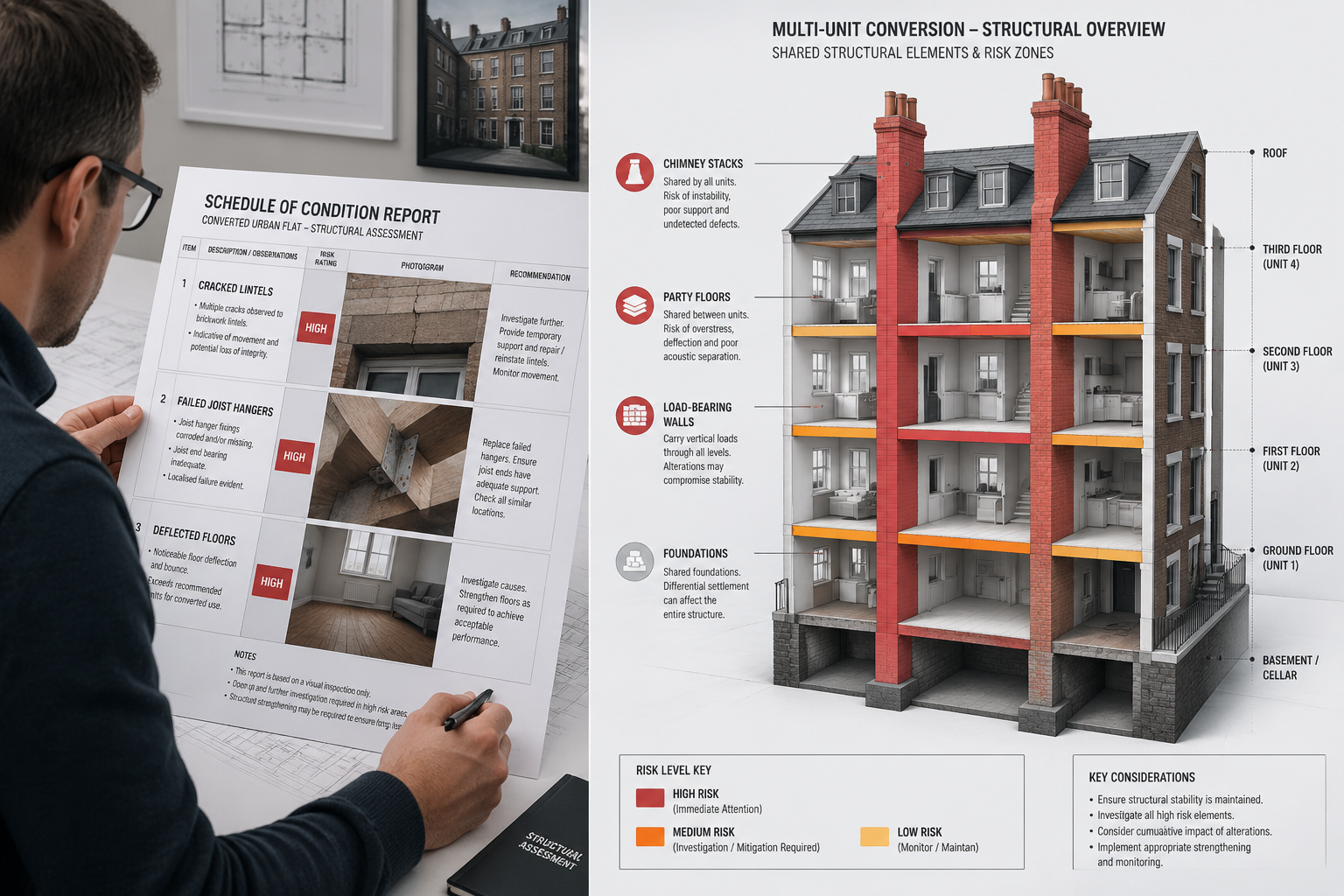() split-composition image: left side shows a structural engineer reviewing a schedule of condition report with photographs