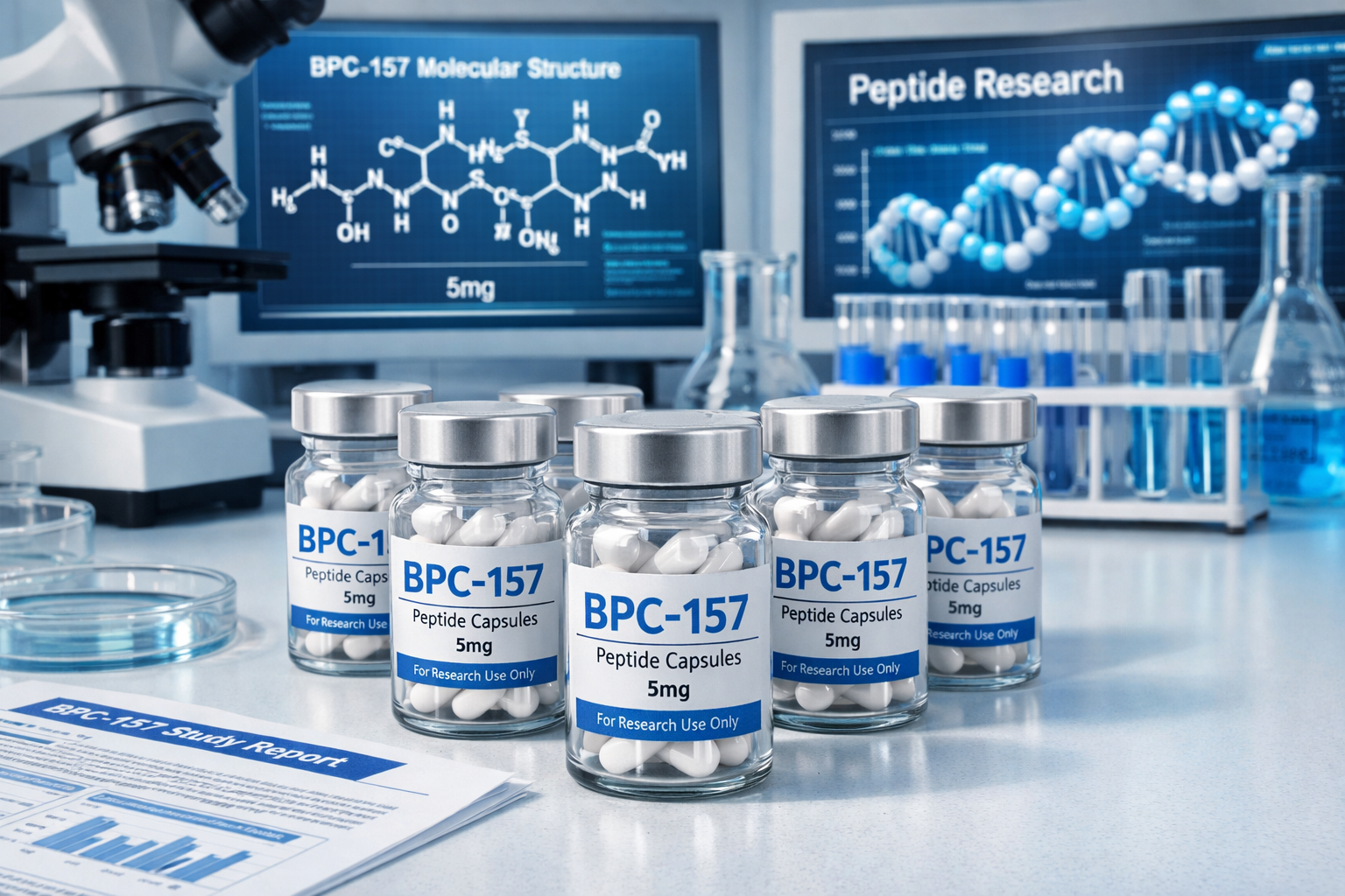 Scientific laboratory scene showing BPC-157 peptide capsules in clear glass vials arranged on research bench, molecular structure diagrams o