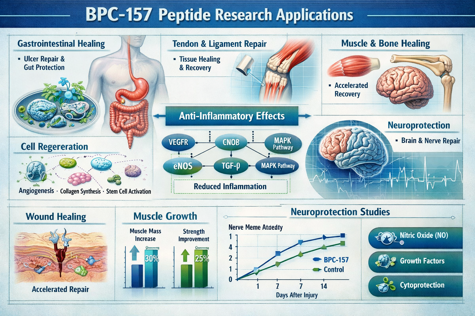 Detailed infographic showing BPC-157 peptide research applications with anatomical diagrams, cellular regeneration illustrations, scientific