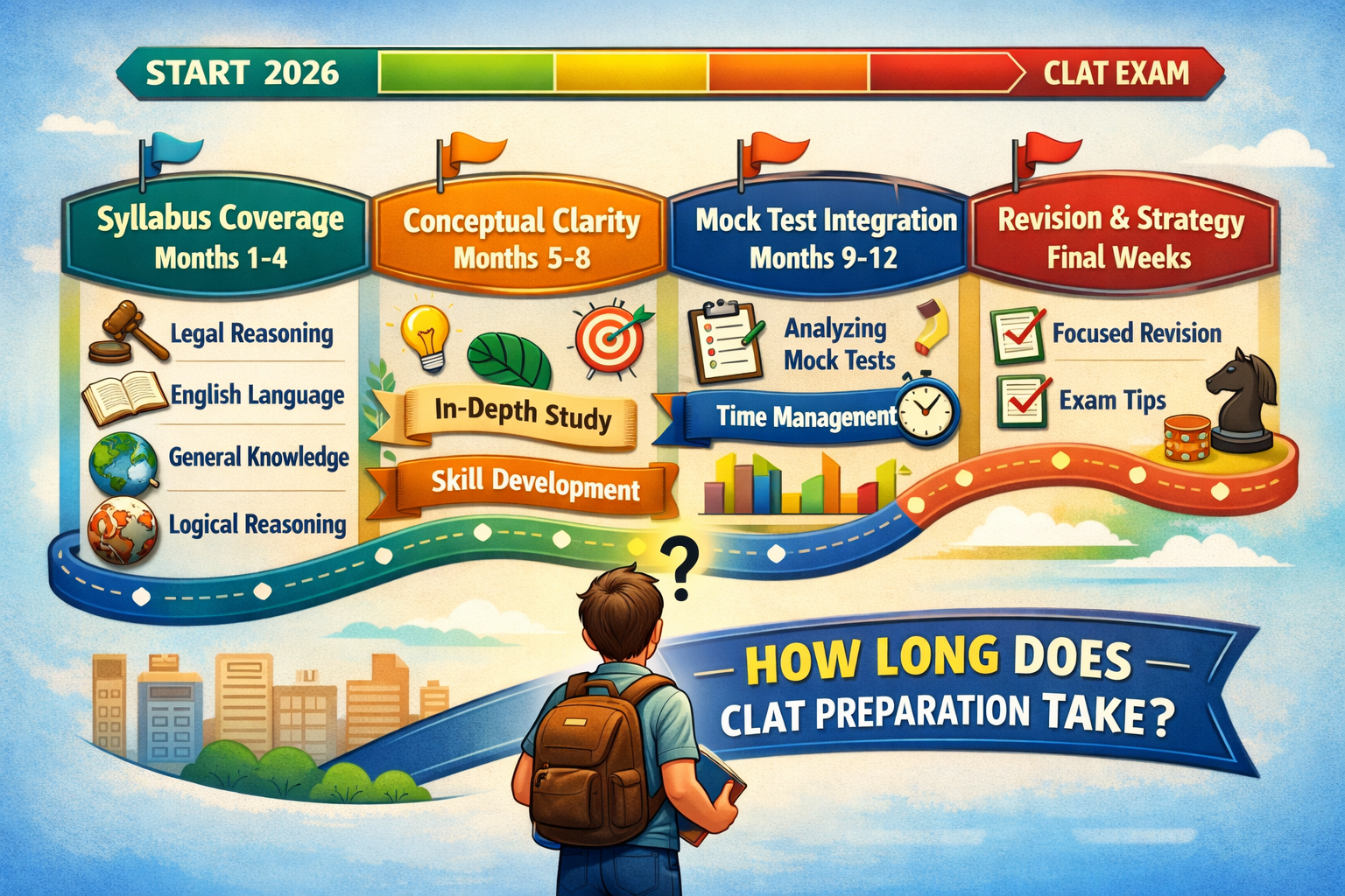 Vibrant, detailed infographic illustrating a CLAT preparation timeline over 12 months, starting from 2026, with key milestones like 'Syllabu