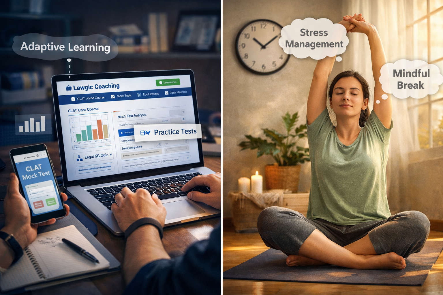 A split image showing two distinct CLAT preparation scenarios: on one side, a student using a laptop with an online coaching platform interf