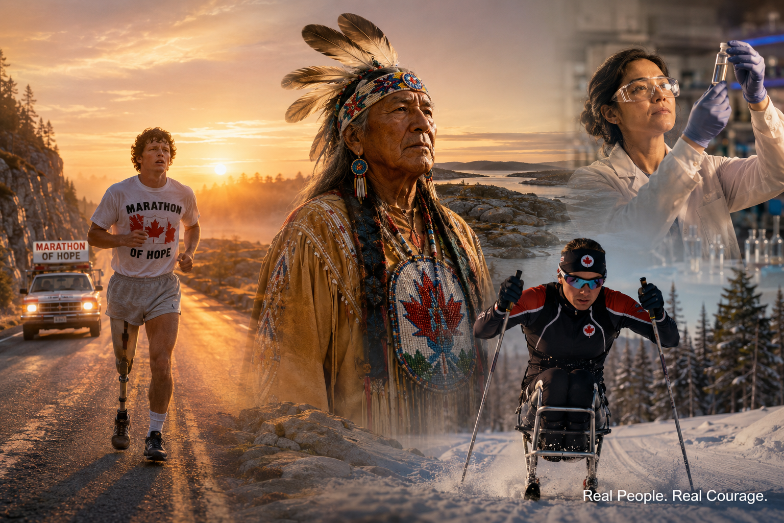 () editorial collage illustration representing iconic Canadian moments of courage and inspiration — a composite scene