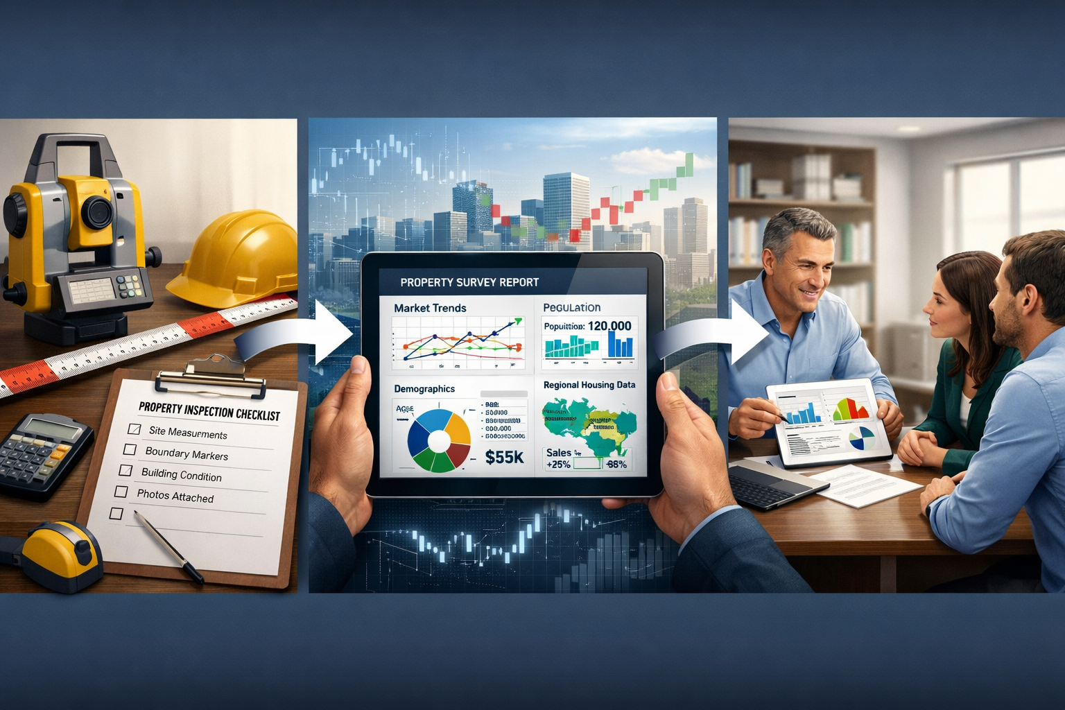 Landscape format (1536x1024) professional image depicting surveyor workflow integration concept with three-panel composition. Left panel sho