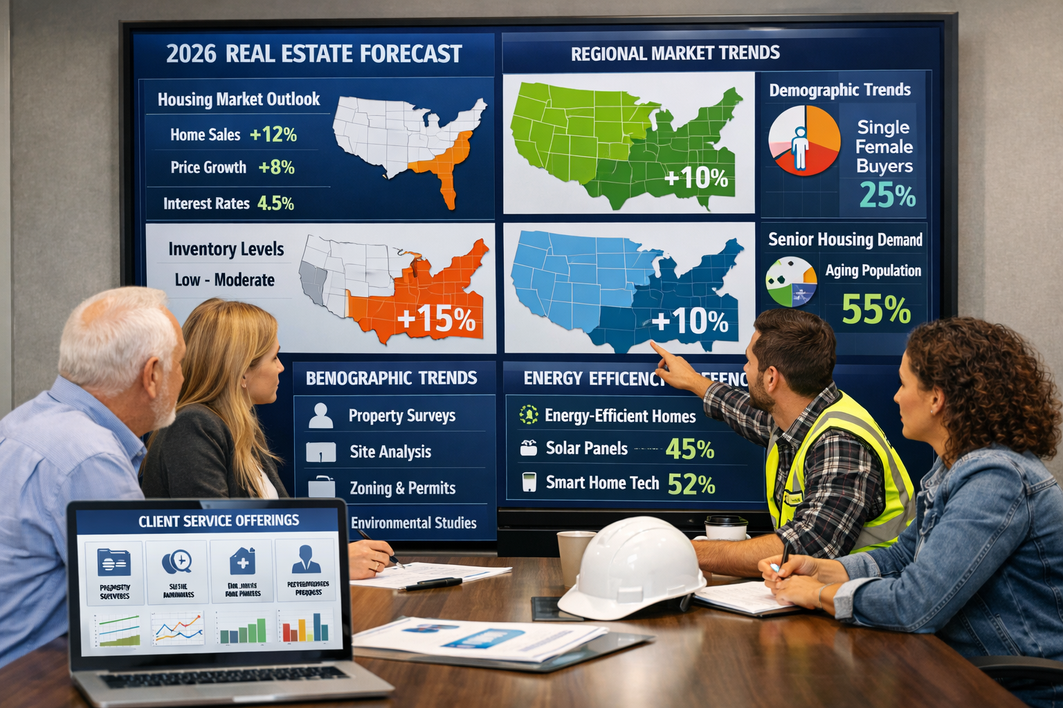 Landscape format (1536x1024) strategic planning image showing surveyor team in modern conference room reviewing large wall-mounted display w