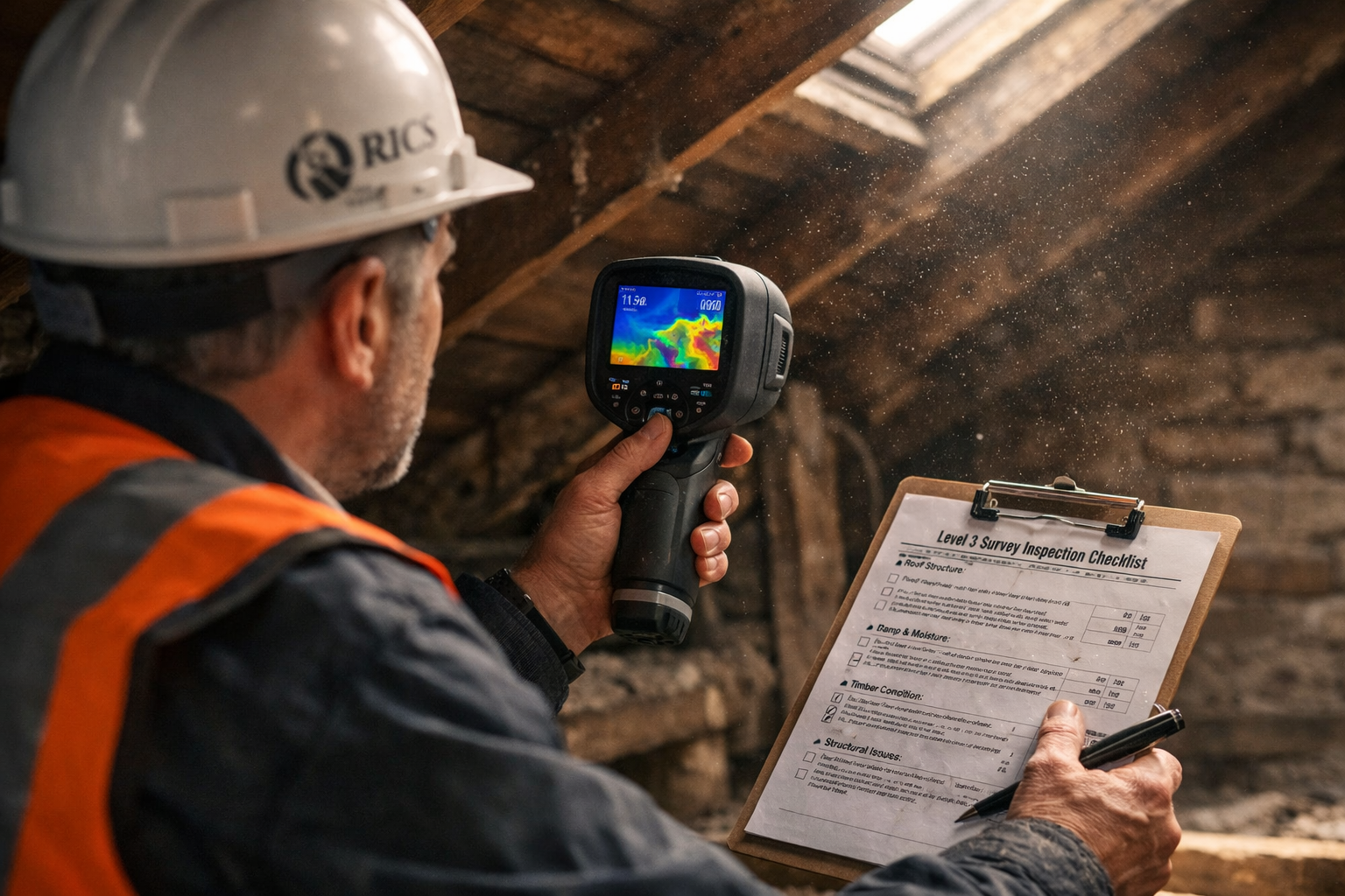 Detailed () editorial photograph showing professional RICS chartered surveyor conducting thorough Level 3 building