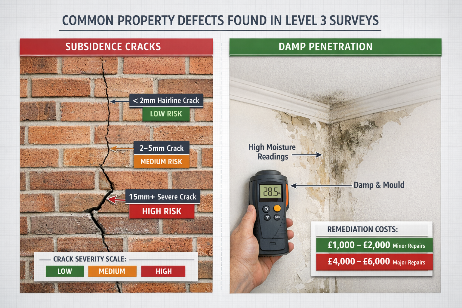 Detailed () infographic-style composition showing split-screen comparison of common property defects discovered during Level