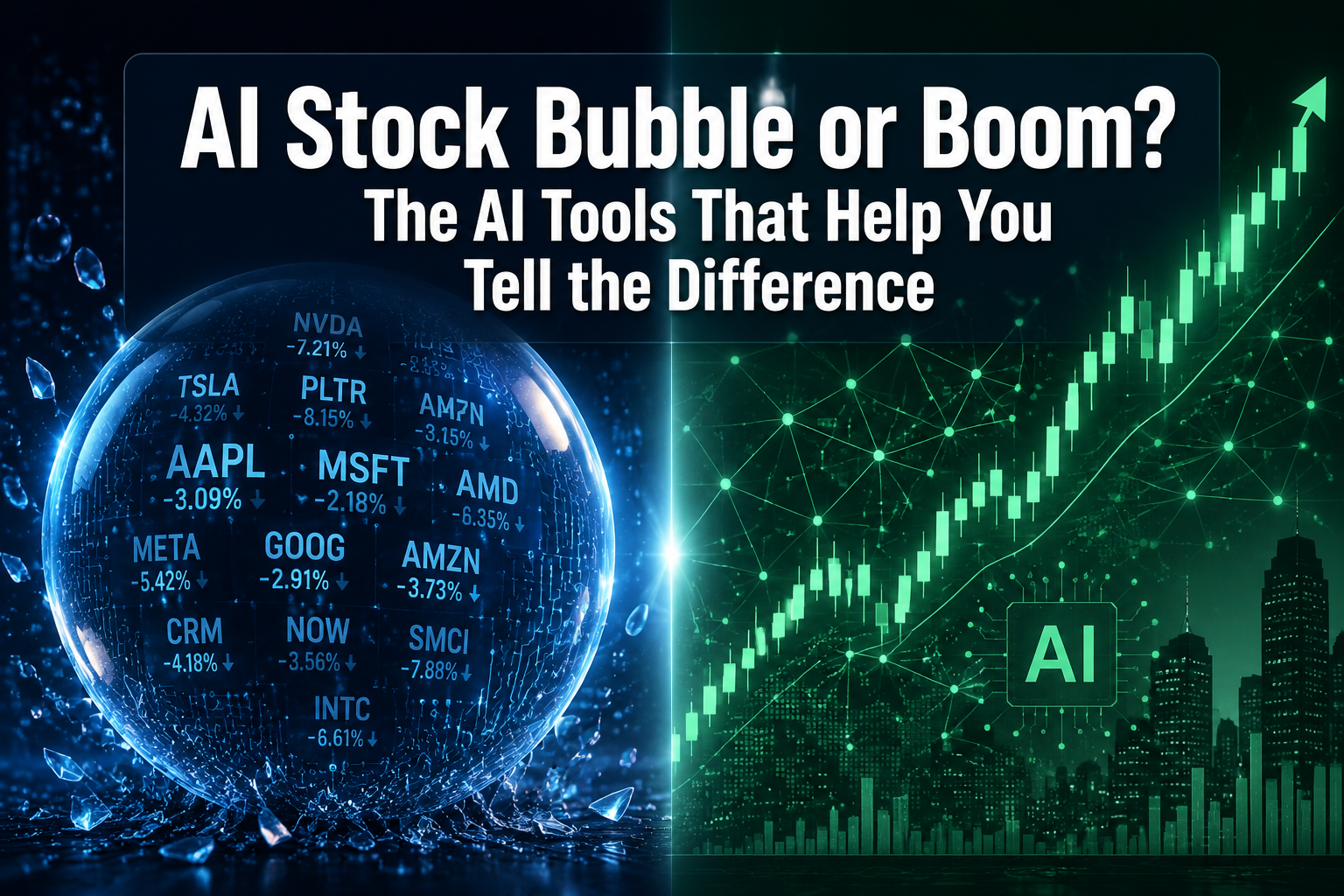 Professional () hero image with : 'AI Stock Bubble or Boom? The AI Tools That Help You Tell the Difference' in extra large