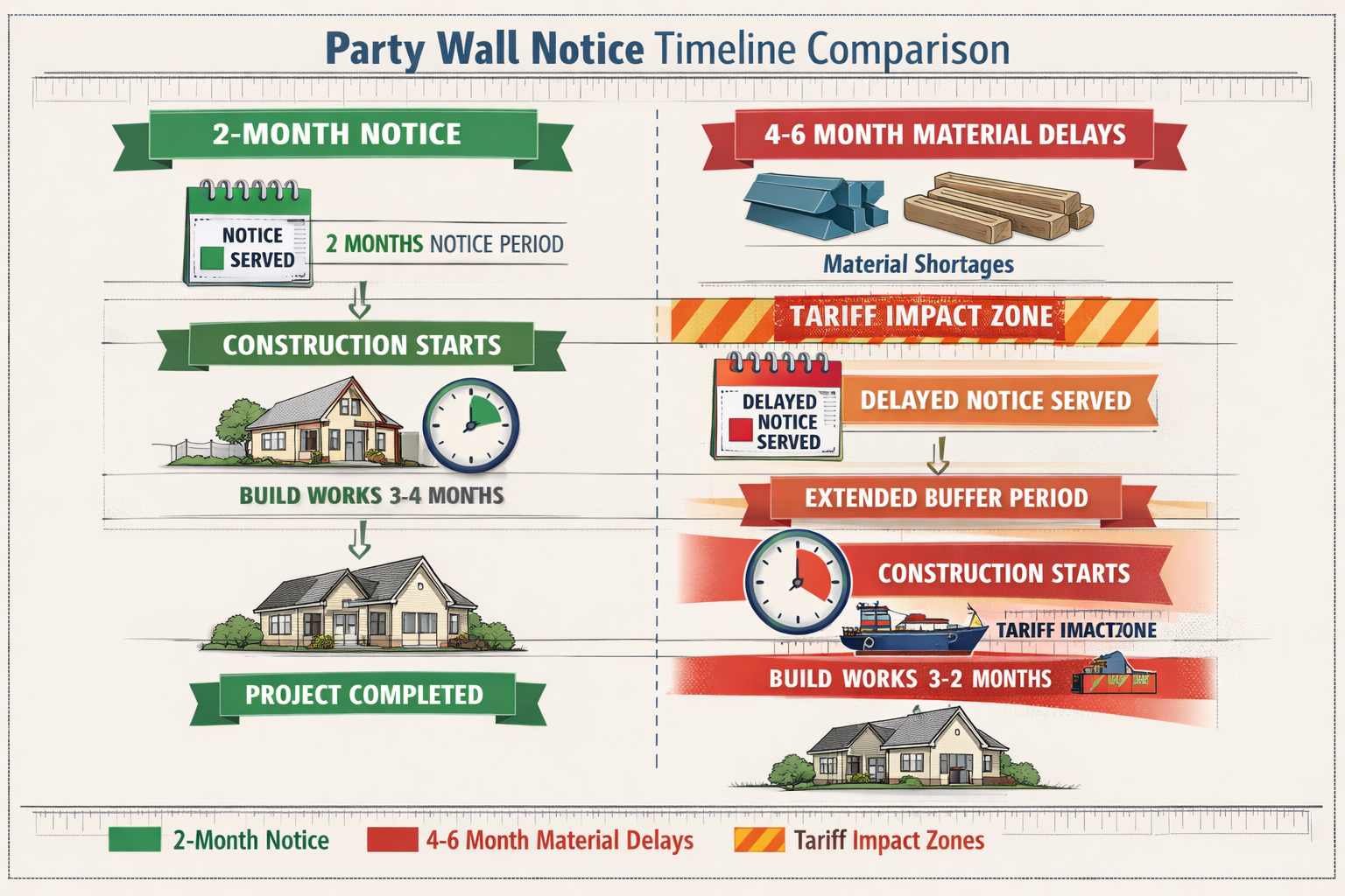 Landscape format (1536x1024) detailed infographic showing timeline comparison of party wall notice processes. Left column displays tradition