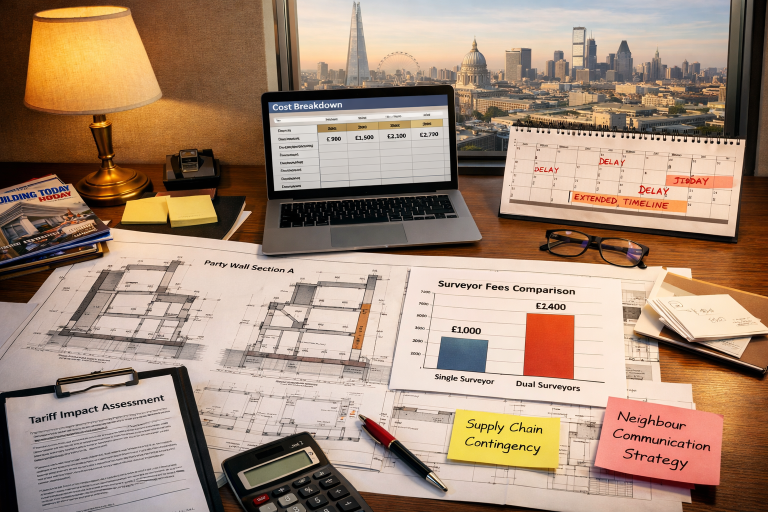 Landscape format (1536x1024) strategic planning scene showing surveyor's desk with multiple elements: large architectural drawings spread ac