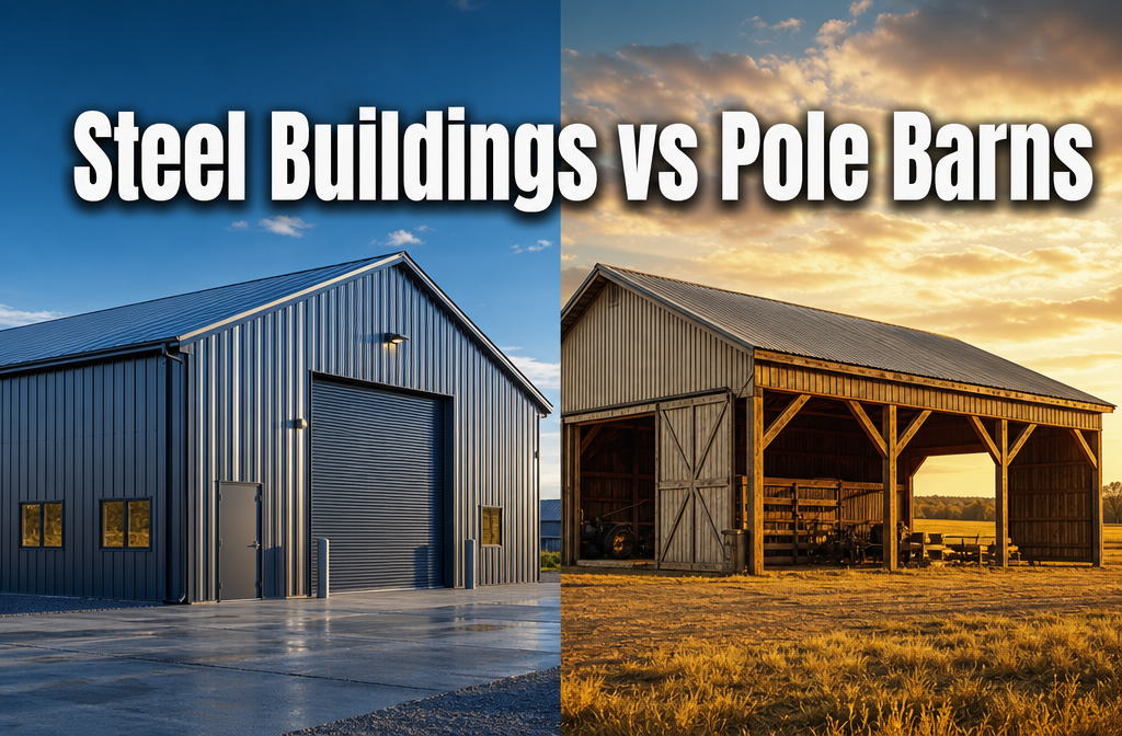 Professional () hero image with : 'Steel Buildings vs Pole Barns' in extra large white with dark drop , centered upper