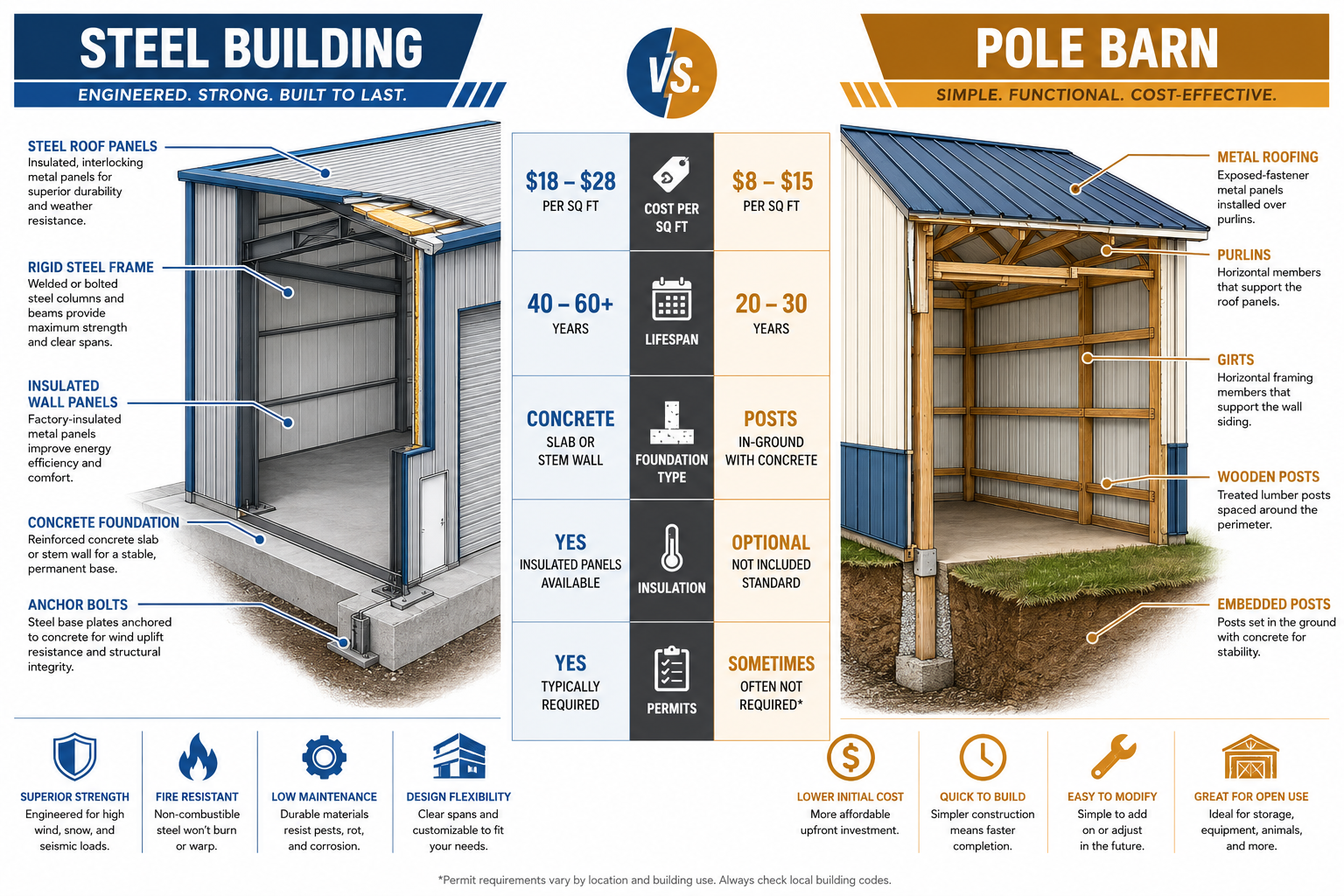 Detailed () editorial infographic illustration showing a direct cost and structural comparison between a steel building and