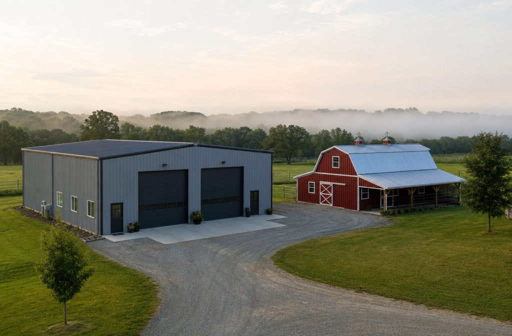 () wide-angle aerial photograph of a rural American property showing two structures side by side in a green field: a modern
