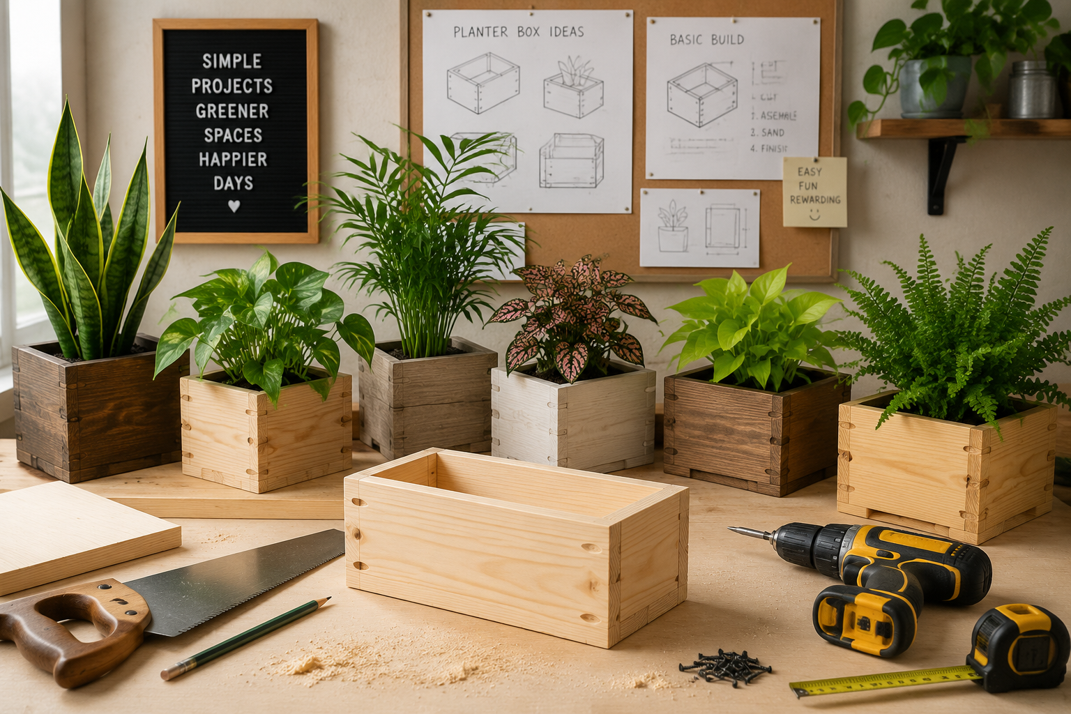 A beautifully composed landscape image () showcasing a collection of various simple wooden box planters, each housing