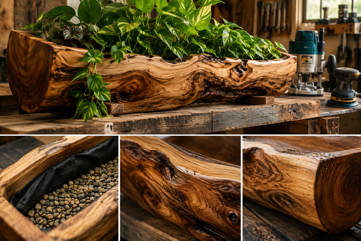 A detailed landscape image () focusing on the intricate details of a live-edge wooden trough planter, featuring its unique