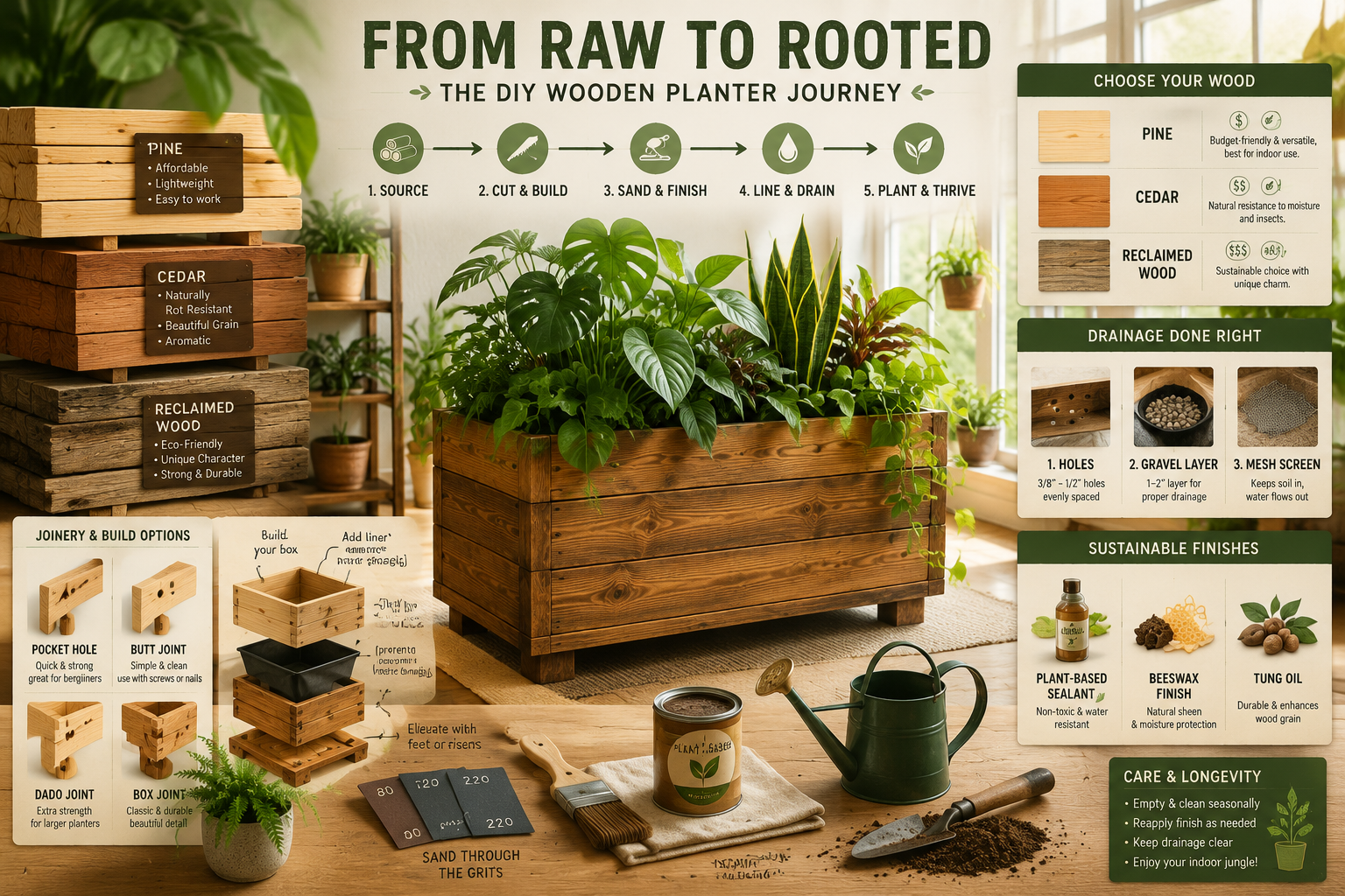 An engaging landscape image () illustrating the full lifecycle of DIY wooden planters for indoor jungles, from raw lumber to