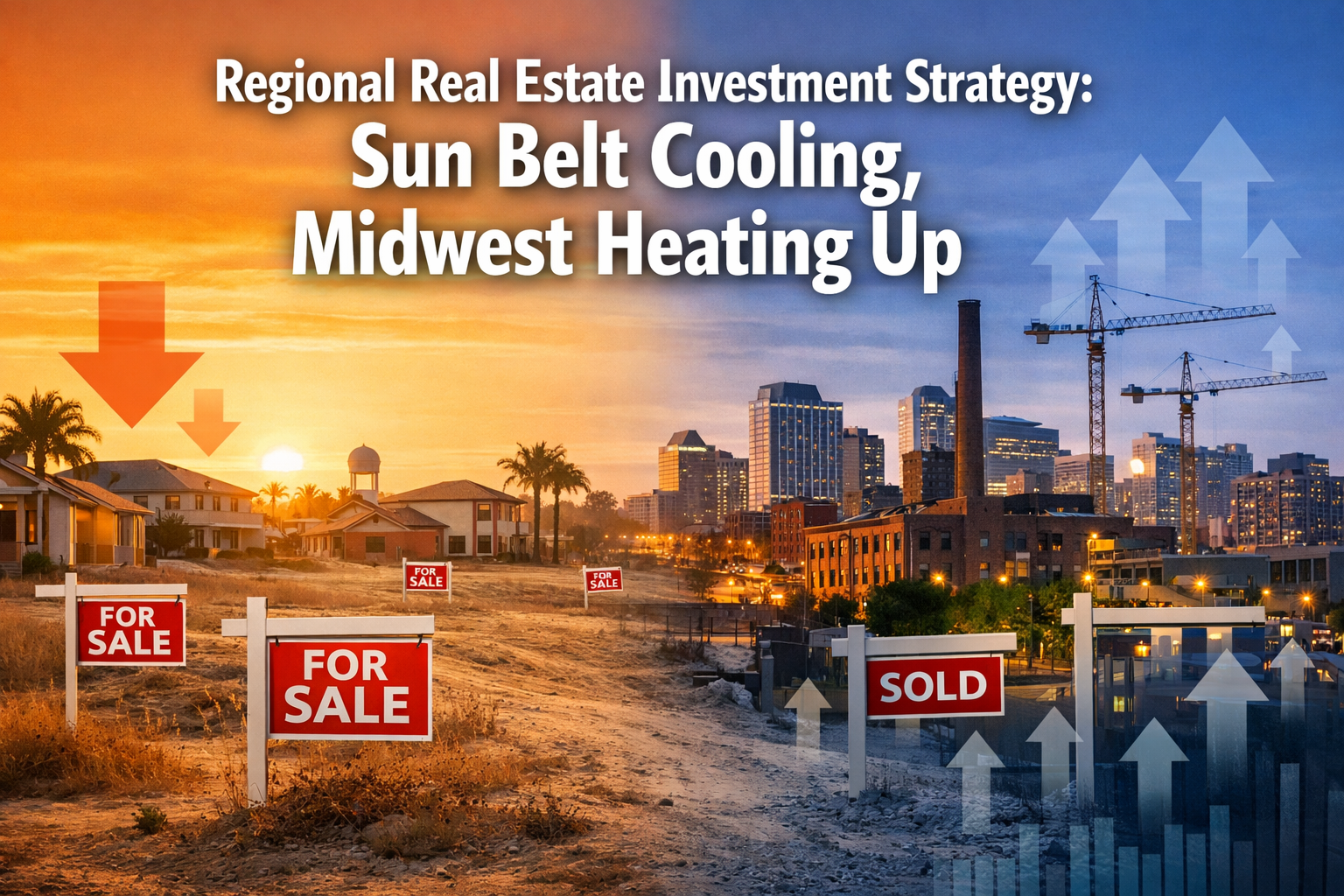 Professional landscape format (1536x1024) hero image with bold text overlay 'Regional Real Estate Investment Strategy: Sun Belt Cooling, Mid