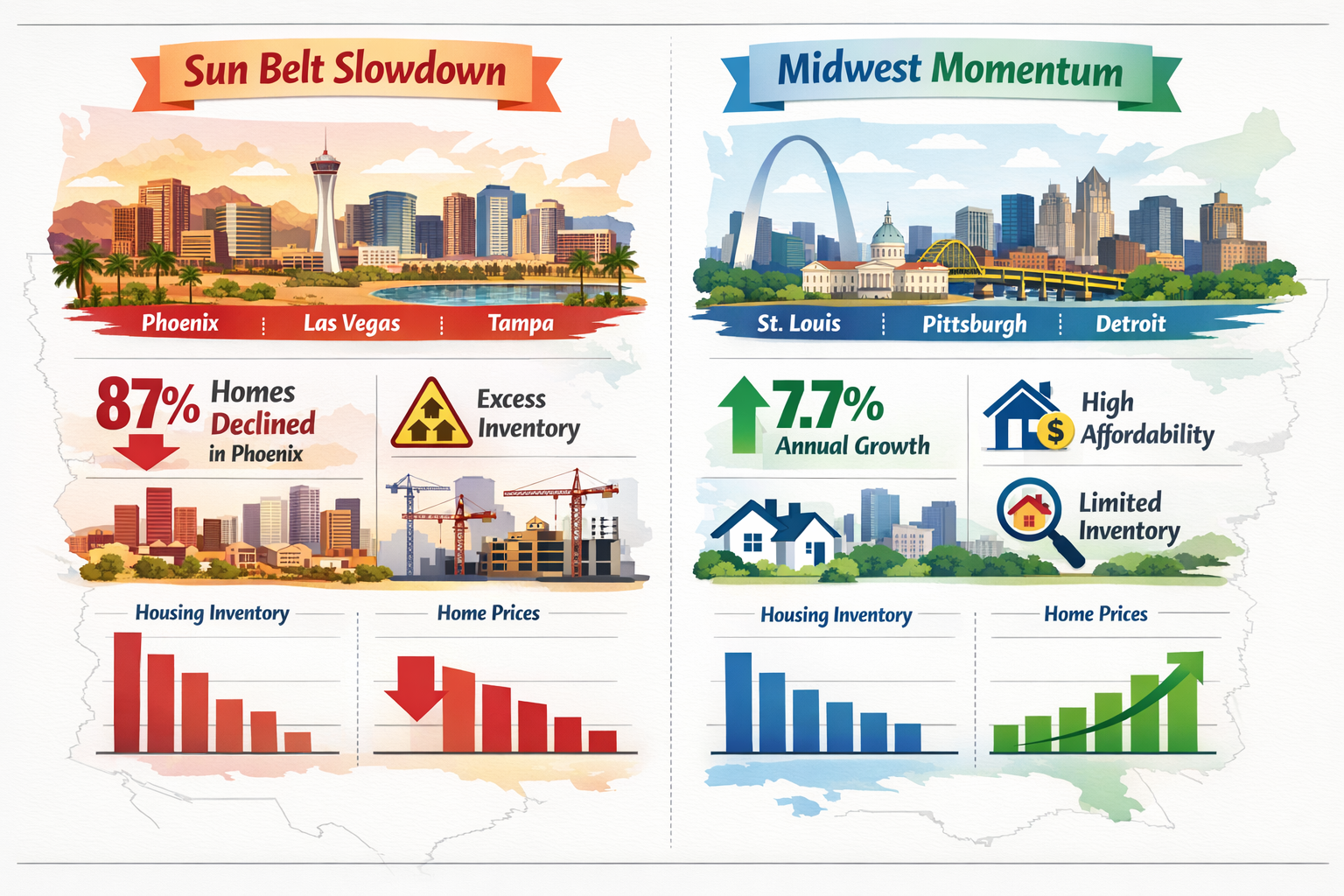 Landscape format (1536x1024) detailed infographic showing side-by-side comparison of Sun Belt versus Midwest market metrics. Left panel labe