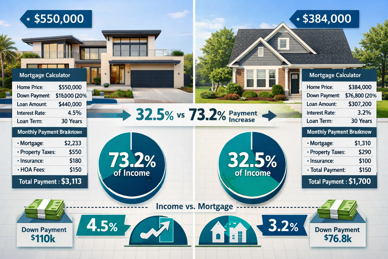 Landscape format (1536x1024) detailed affordability comparison visualization showing mortgage payment calculator interface overlaid on split