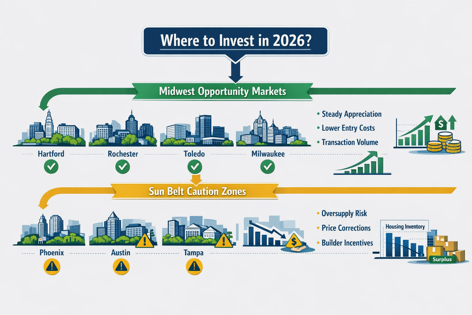 Landscape format (1536x1024) strategic investment decision framework illustration showing flowchart-style investor guidance. Central questio