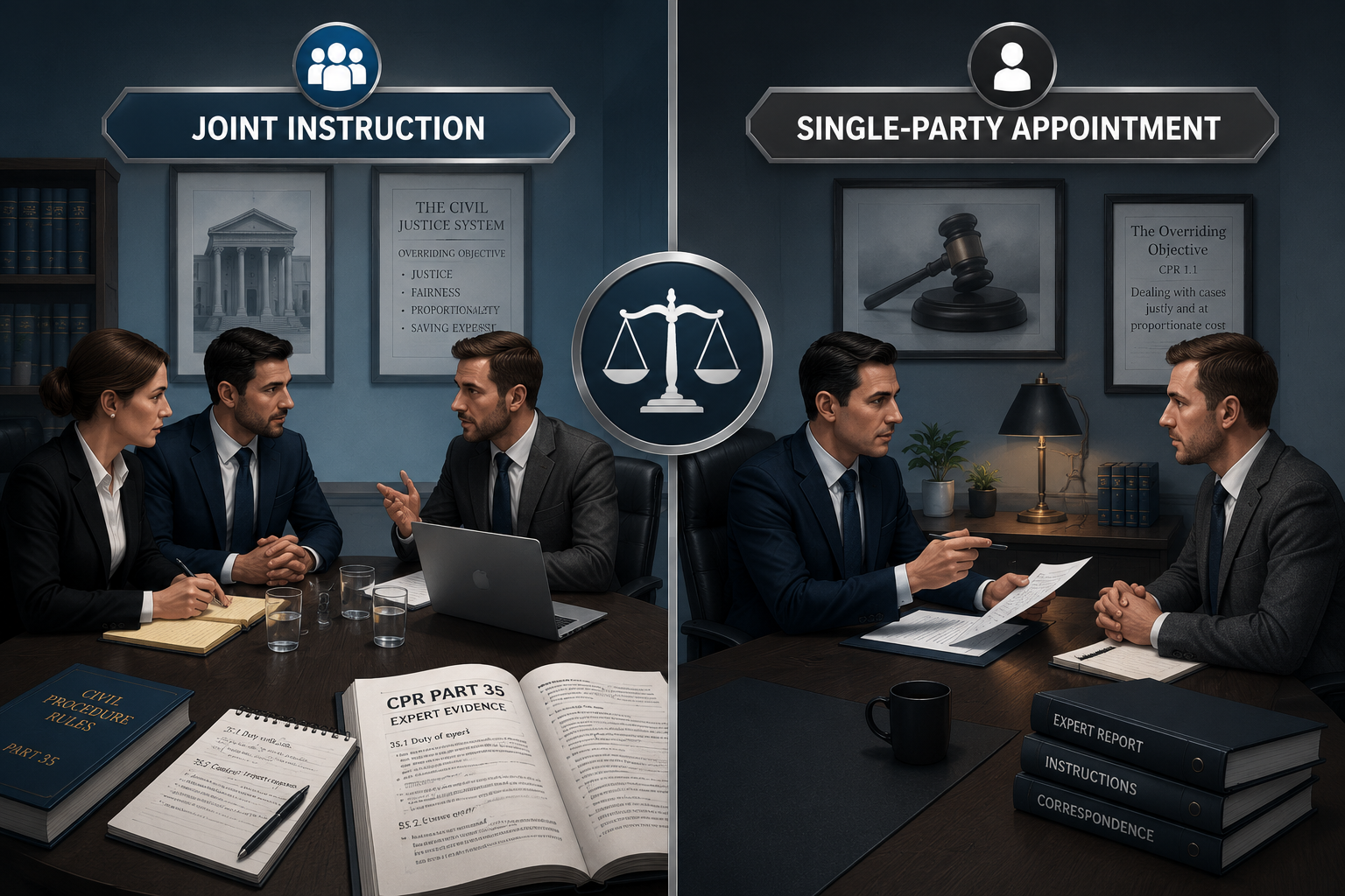 () split-composition infographic illustration showing two distinct pathways: left side depicts two solicitors and a single