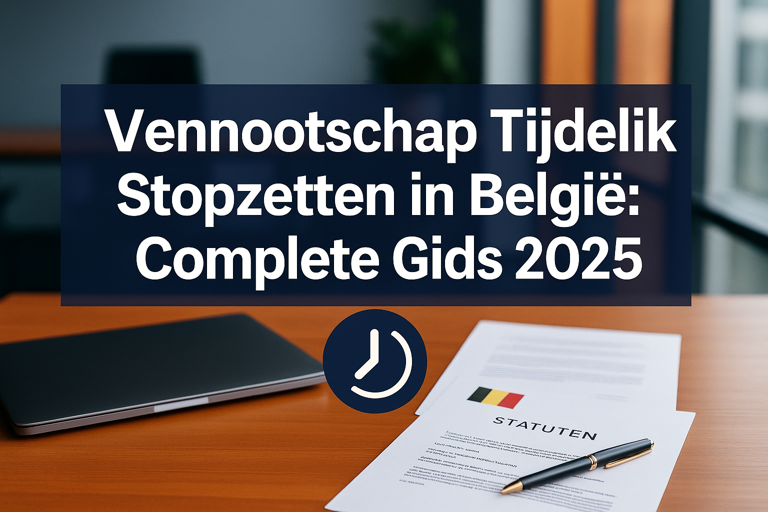 Professional landscape hero image (1536x1024) featuring bold text overlay 'Vennootschap Tijdelijk Stopzetten in België: Complete Gids 2025'