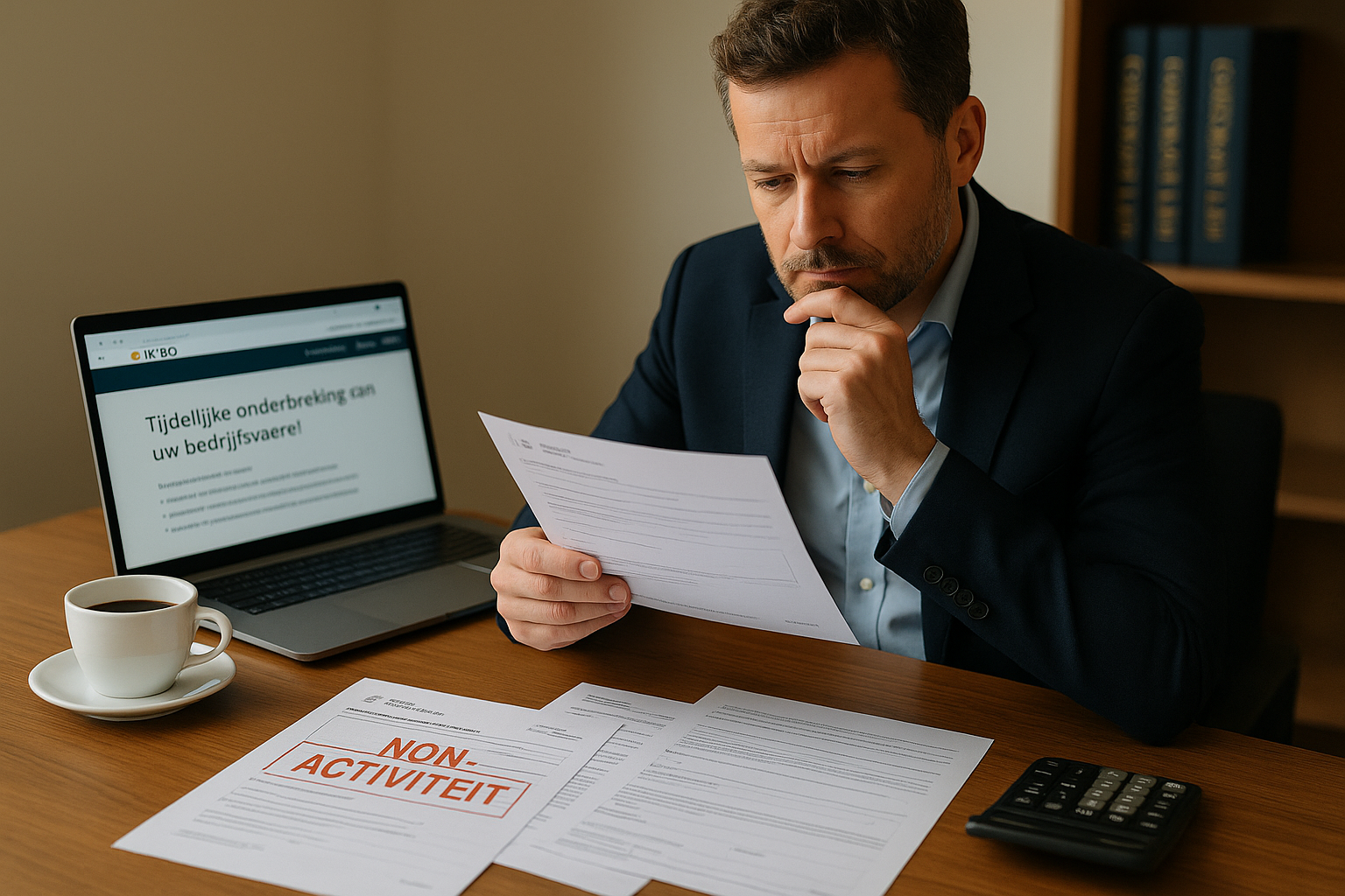 Professional editorial photograph (1536x1024) depicting Belgian business owner at modern desk reviewing official documents related to tempor