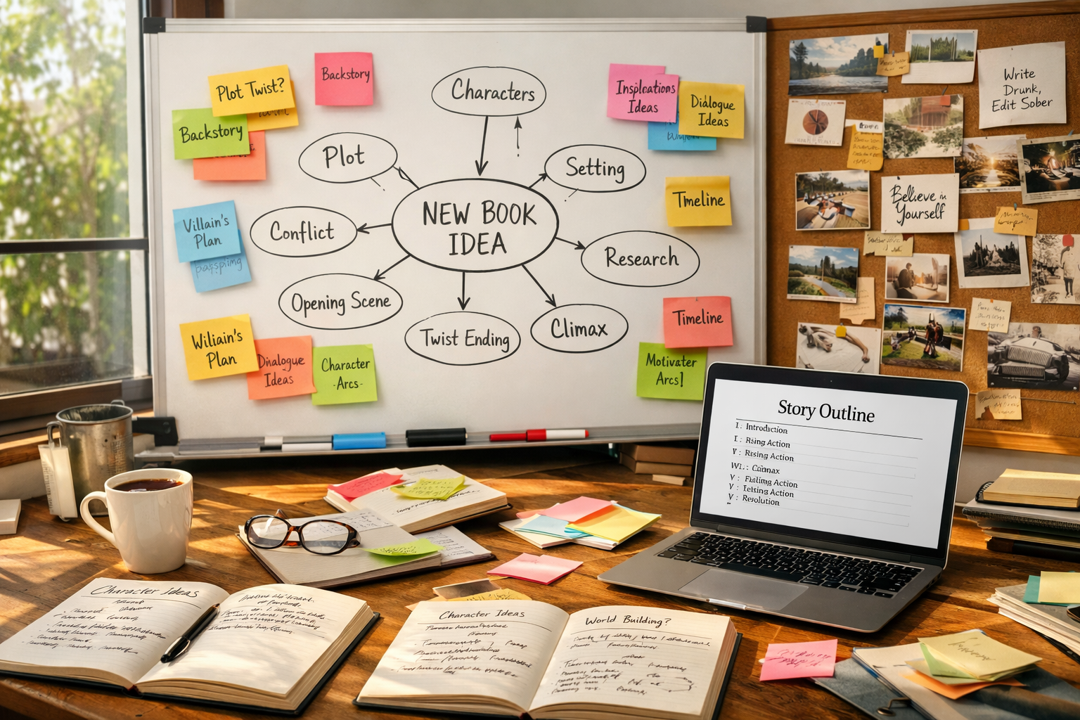 Detailed () image showing creative brainstorming process with mind map on whiteboard, colorful sticky notes arranged in