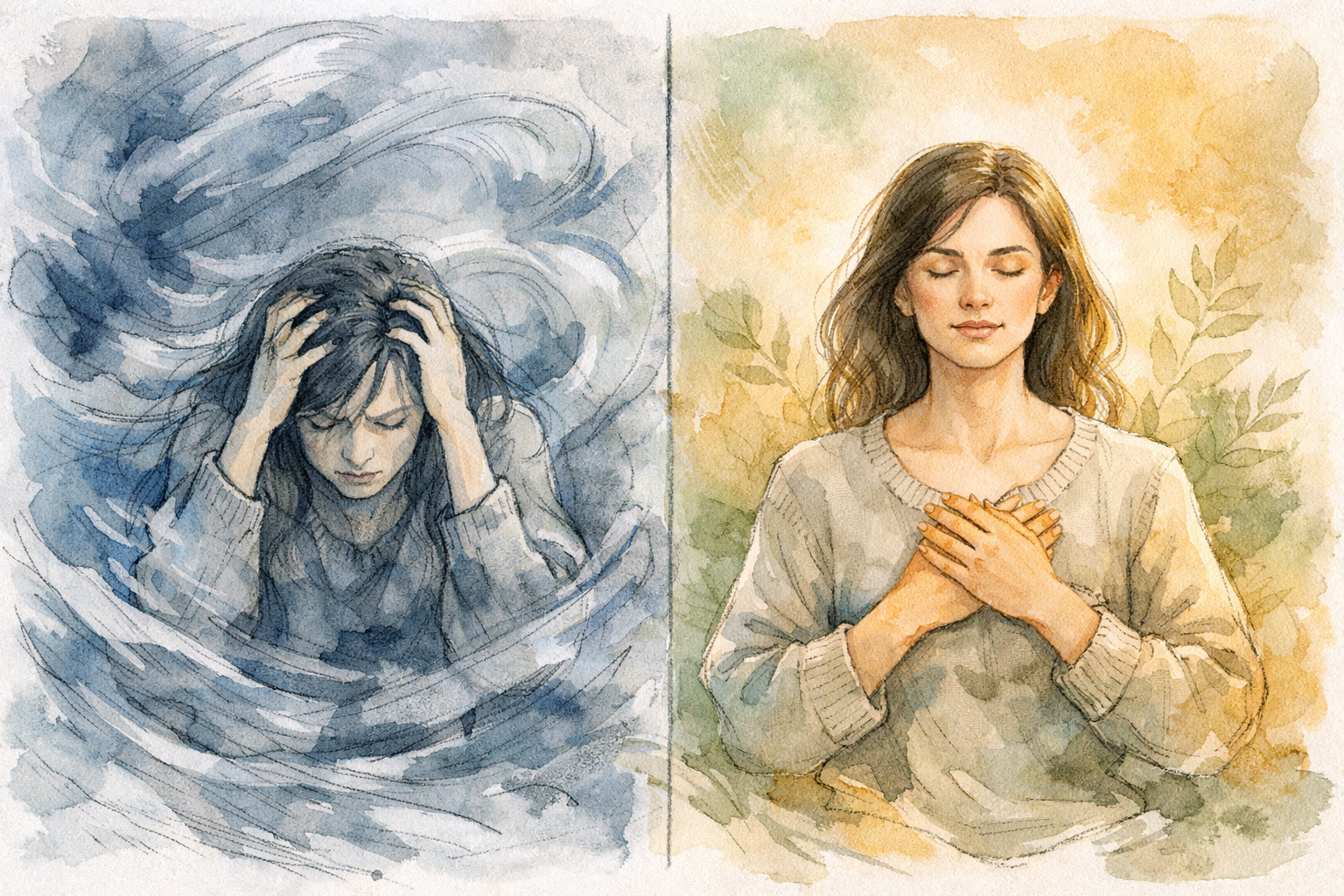 () editorial illustration showing a split visual concept: on the left, a woman surrounded by swirling abstract emotional