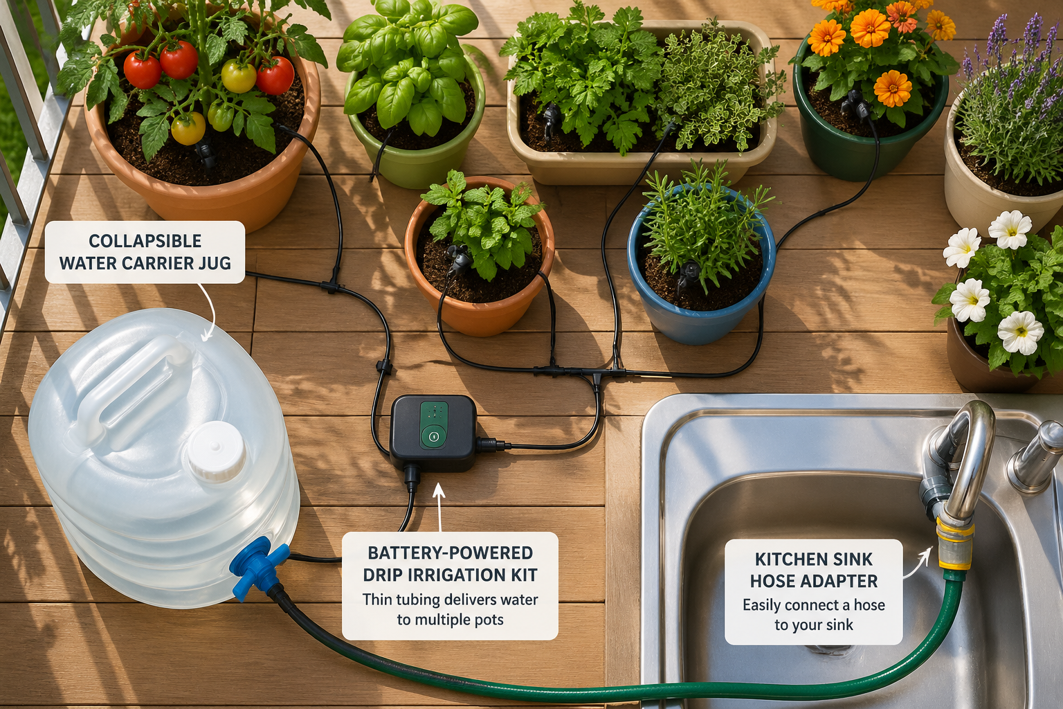 () editorial illustration showing multiple watering solutions for apartment container gardening: a large collapsible water