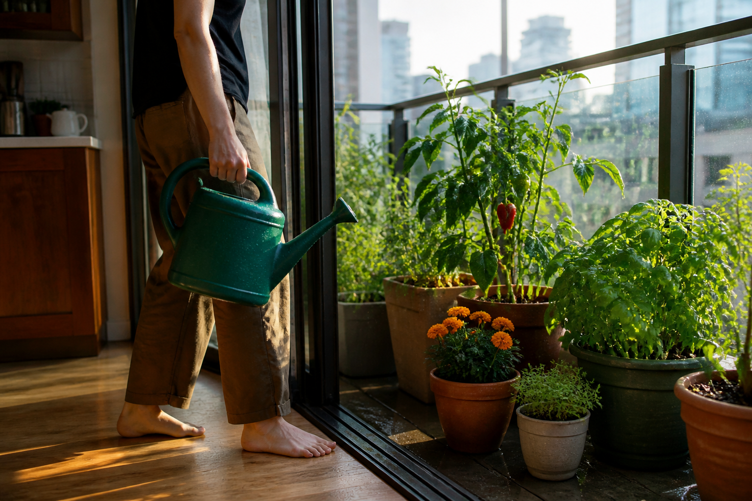 () close-up scene of a person carrying a filled gallon watering can from an apartment kitchen through a sliding balcony door