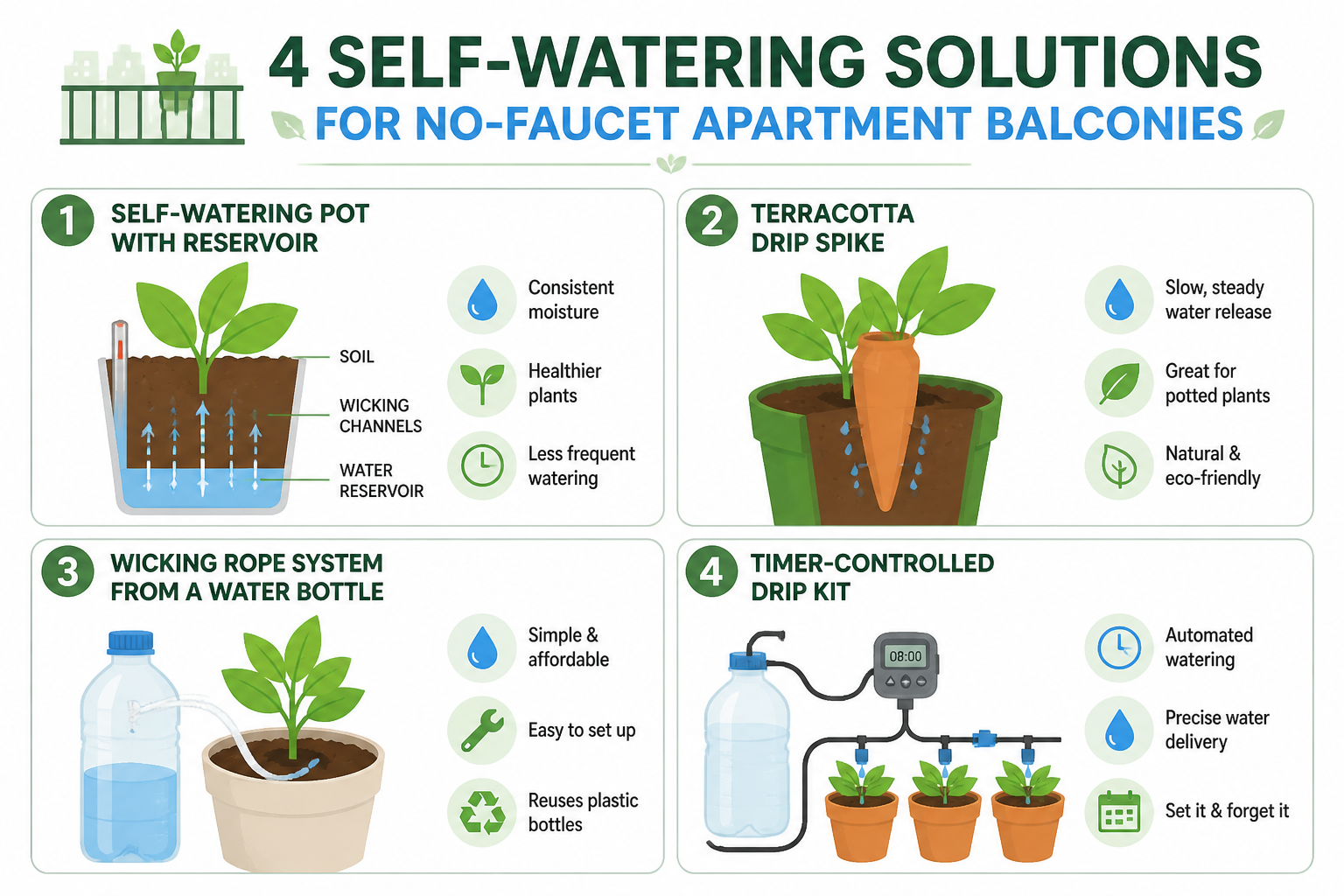 () comparison-style infographic showing four self-watering solutions for no-faucet apartment balconies: self-watering pot
