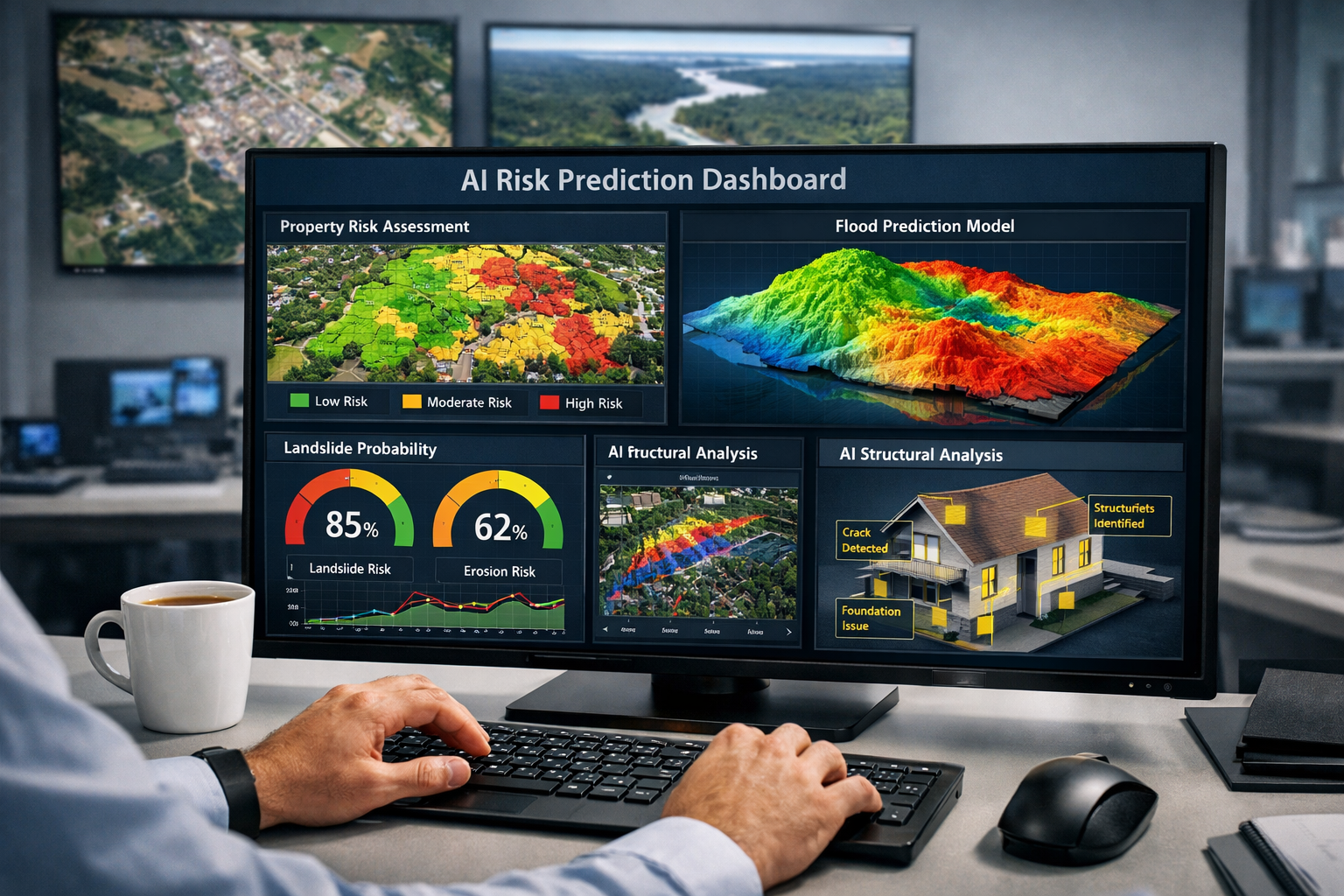 Detailed landscape format (1536x1024) image showing AI-powered risk prediction dashboard on large monitor screen displaying property survey 