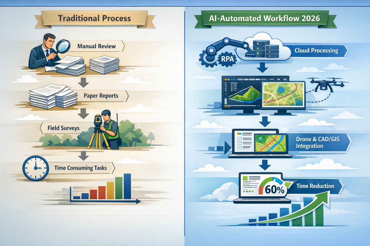Comprehensive landscape format (1536x1024) infographic illustration demonstrating automated surveying workflow transformation. Split-screen 