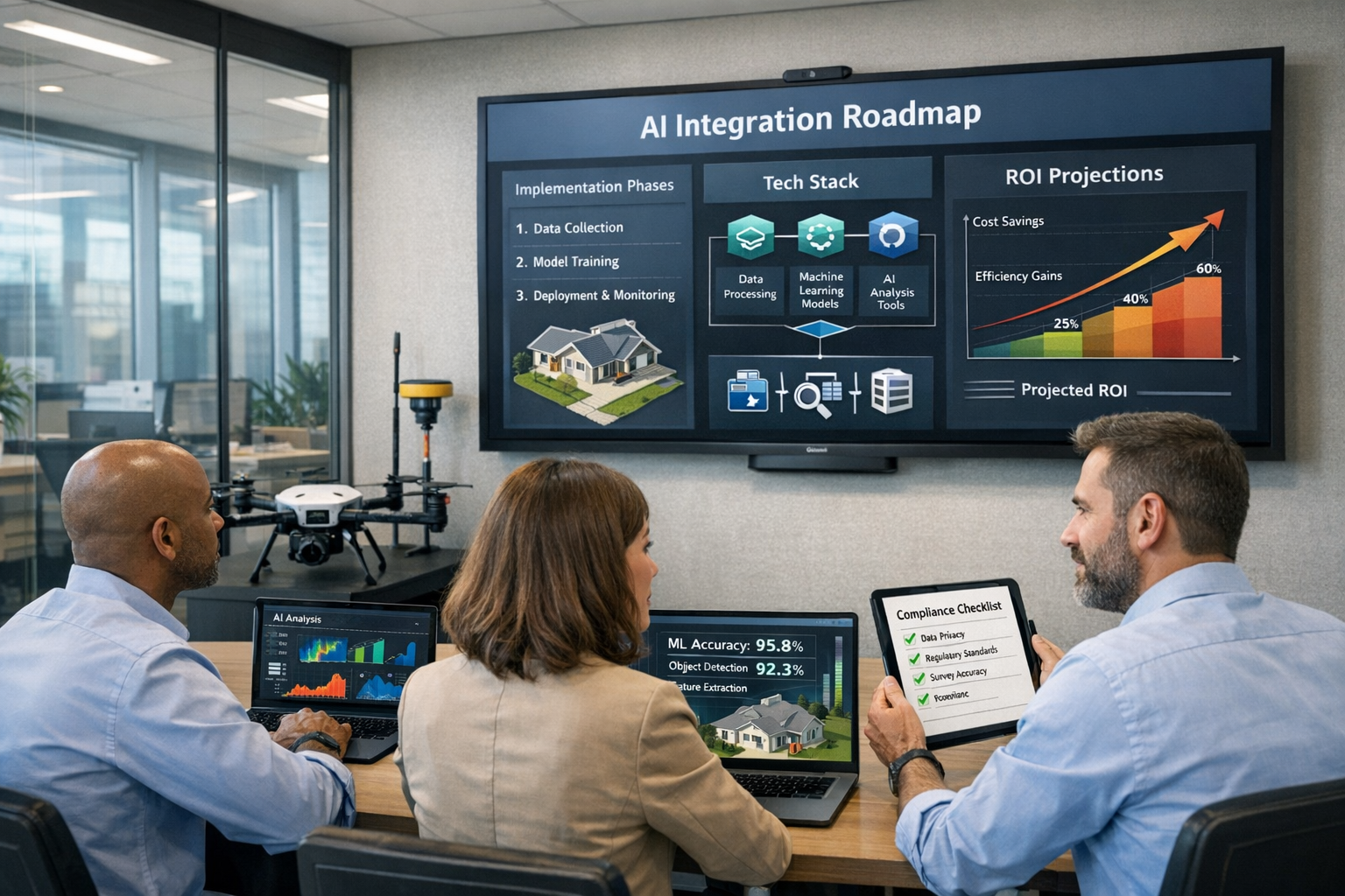 Detailed landscape format (1536x1024) photograph-quality image of modern surveying firm implementation scene showing diverse team of three p