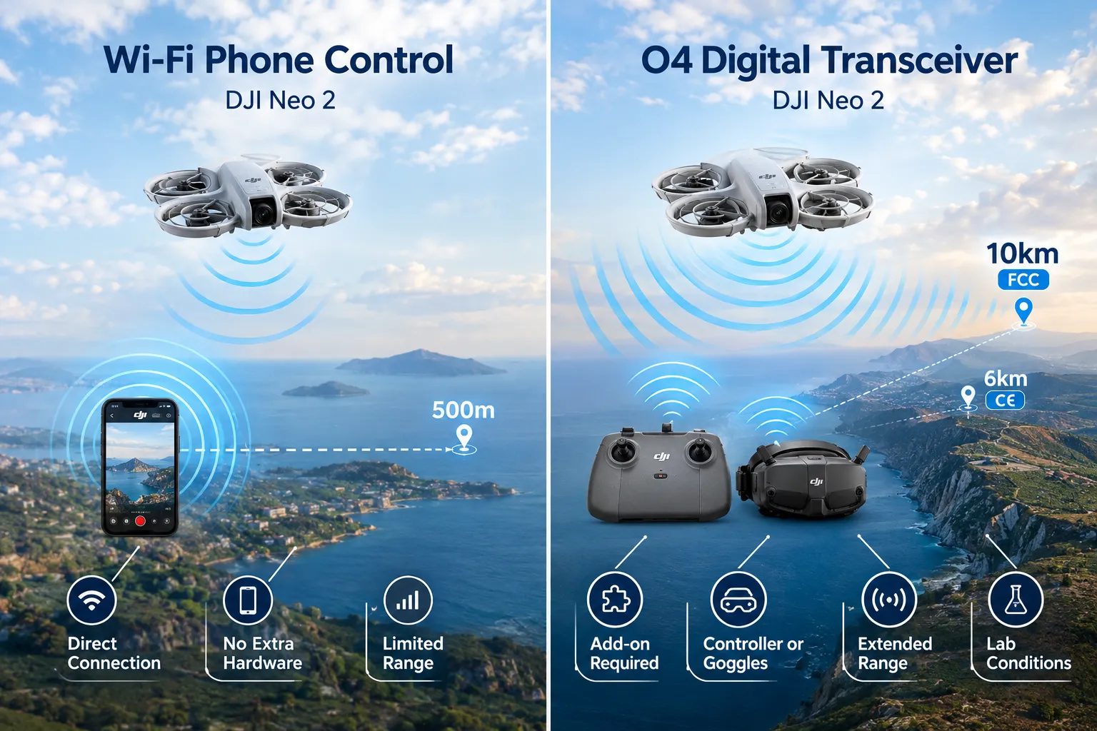 DJI Neo 2 maximum transmission range comparison between Wi-Fi phone control and O4 control