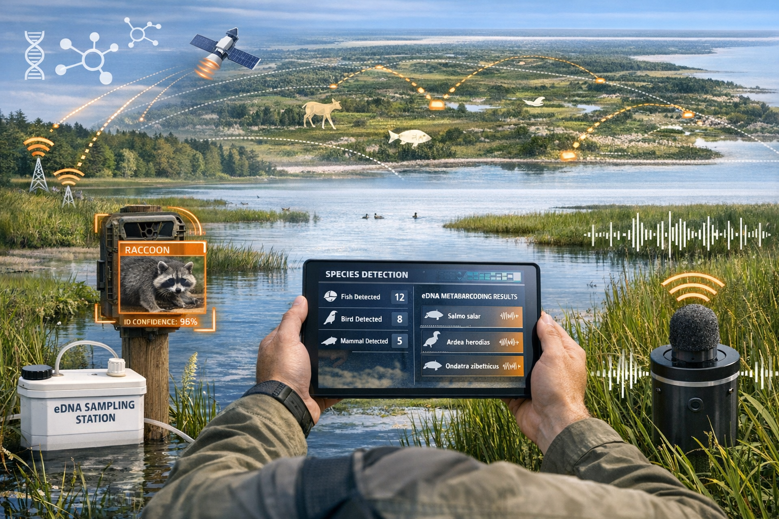 () technical illustration depicting integrated multi-technology biodiversity monitoring system in action across different