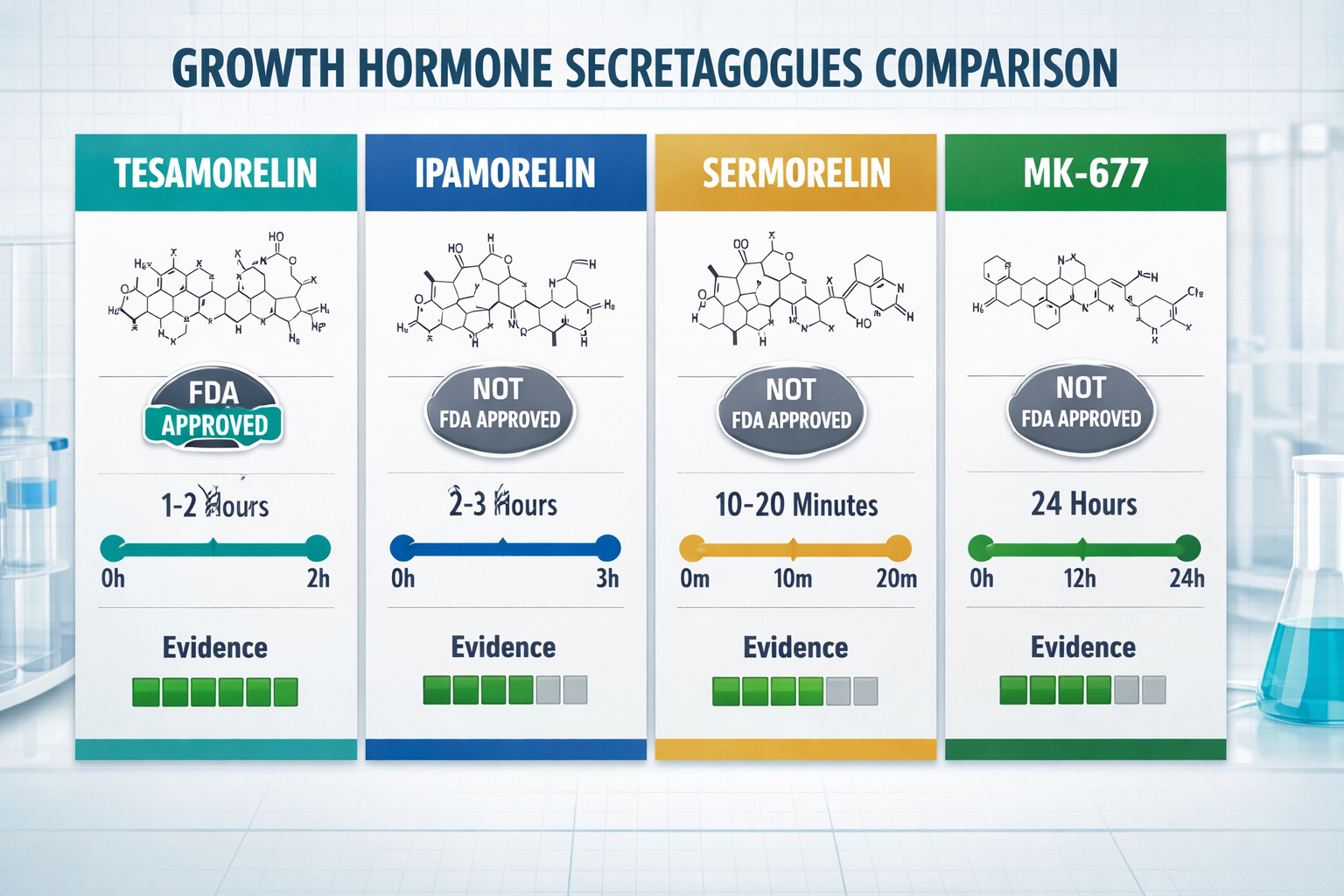 Detailed () scientific comparison infographic showing four major growth hormone secretagogue peptides — Tesamorelin,