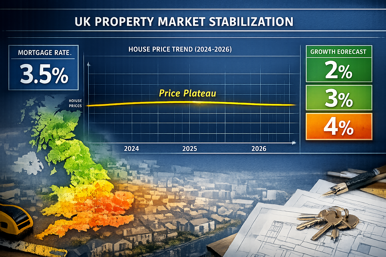 () editorial image showing detailed UK property market stabilization visualization with large central graph displaying house