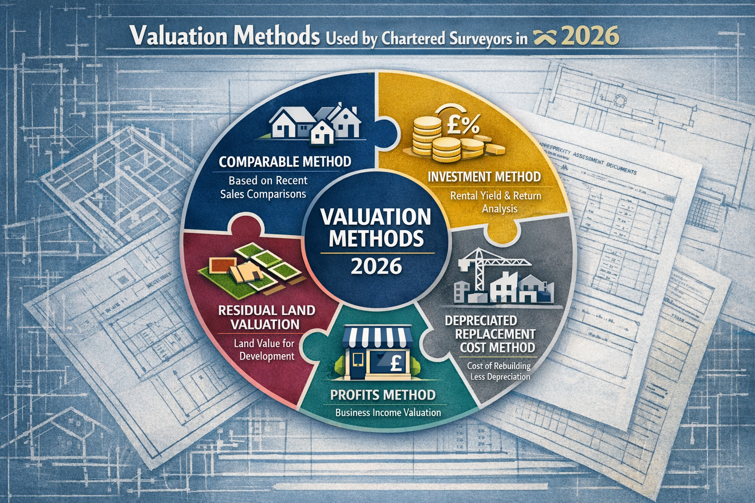 () detailed infographic showing five core valuation methods used by chartered surveyors in 2026. Central circular diagram