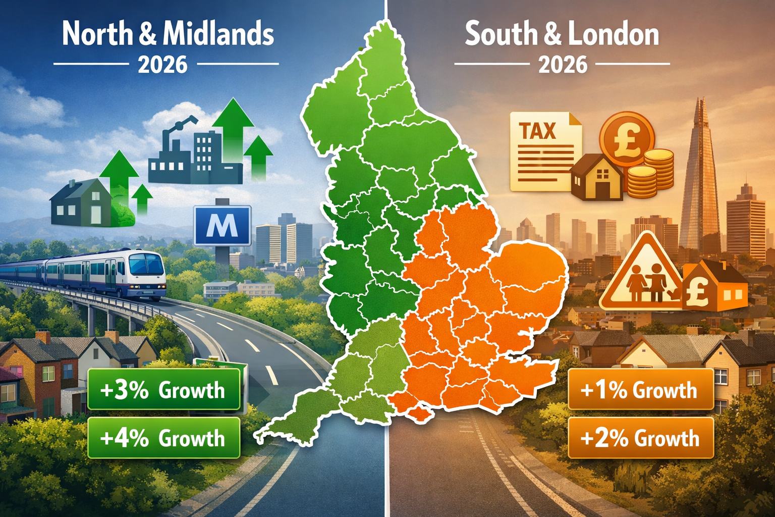 () sophisticated split-comparison image showing regional property market divergence across UK in 2026. Left panel displays