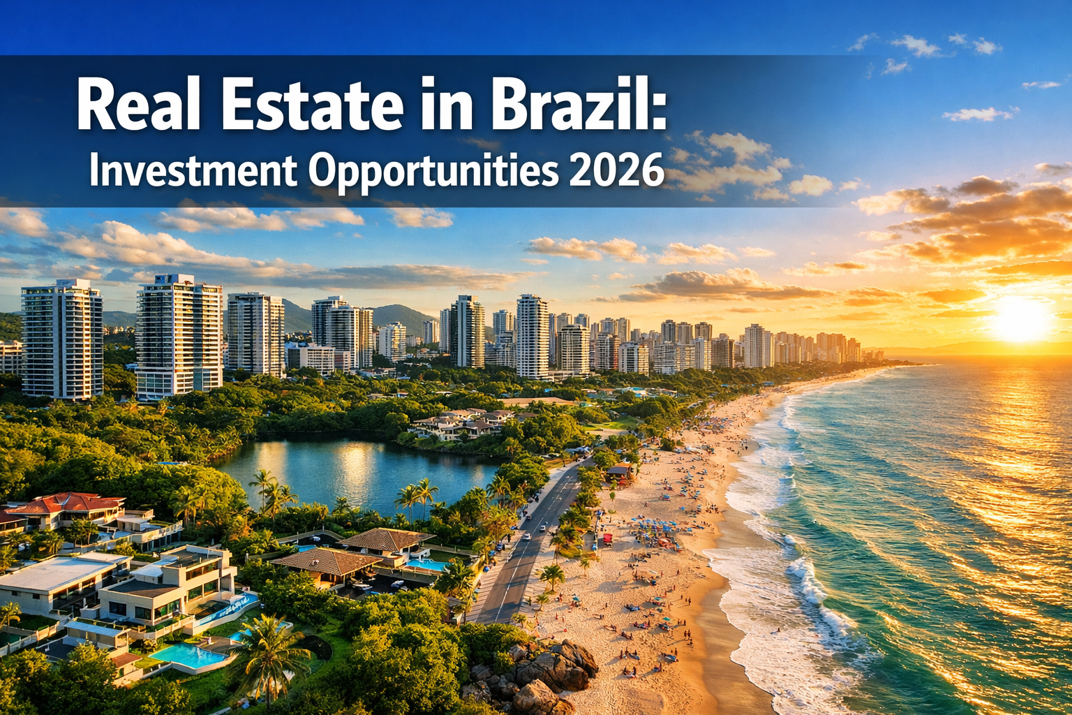 Professional landscape format (1536x1024) hero image featuring bold text overlay 'Real Estate in Brazil: Investment Opportunities 2026' in e