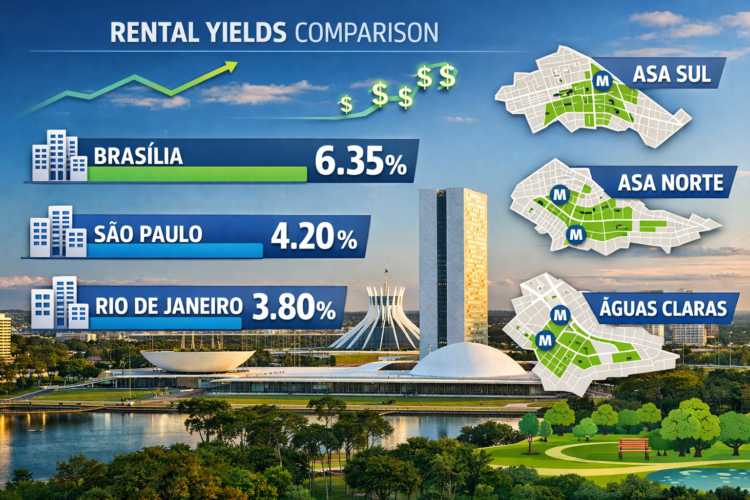 Landscape format (1536x1024) comparative visualization of Brazilian cities rental yield performance featuring Brasília skyline with modern a