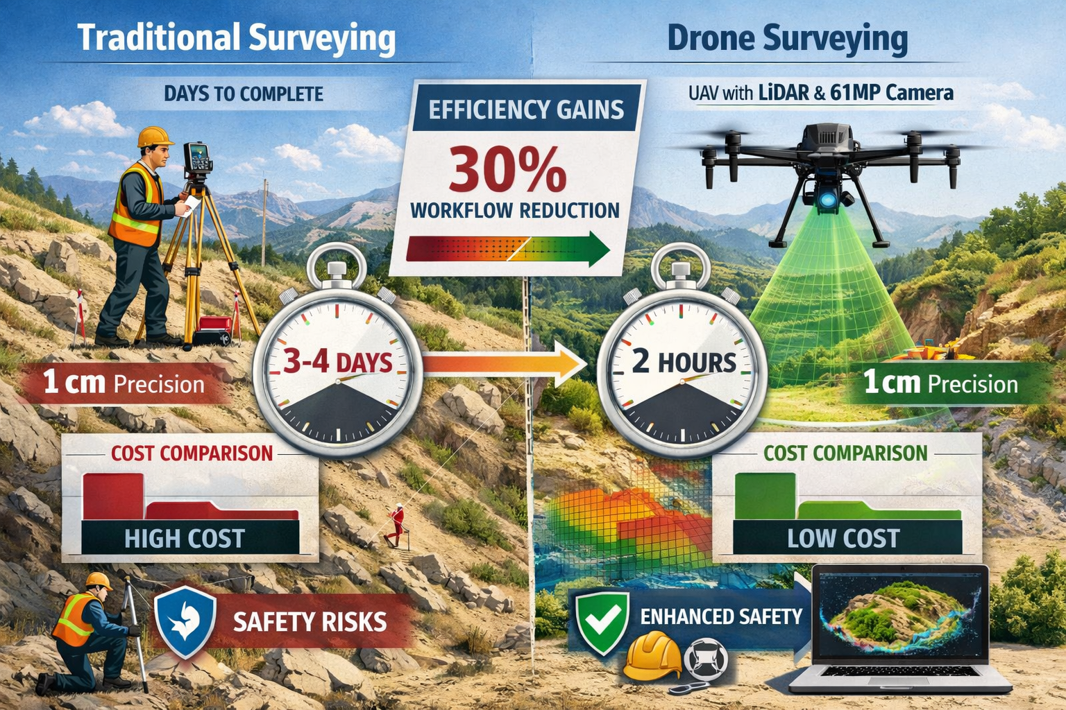 Landscape format (1536x1024) detailed illustration showing side-by-side comparison of traditional property surveying versus drone surveying 
