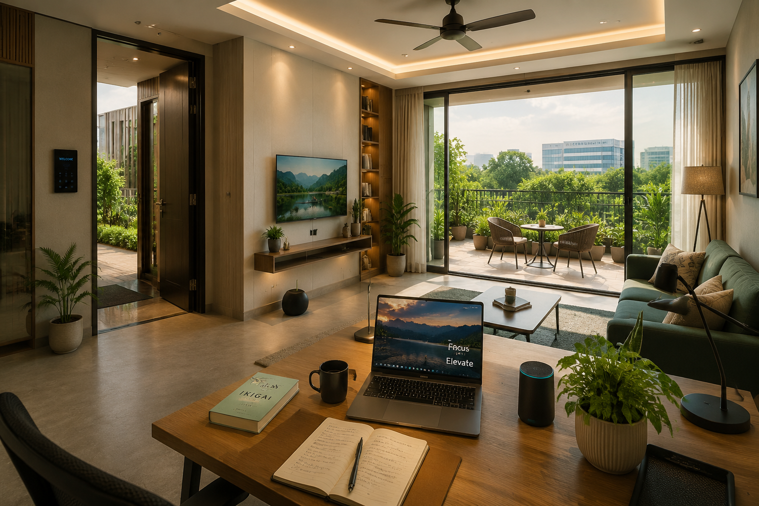 A detailed landscape image () showcasing a chic, fully private Airbnb floor with a private entry-exit, overlooking a serene